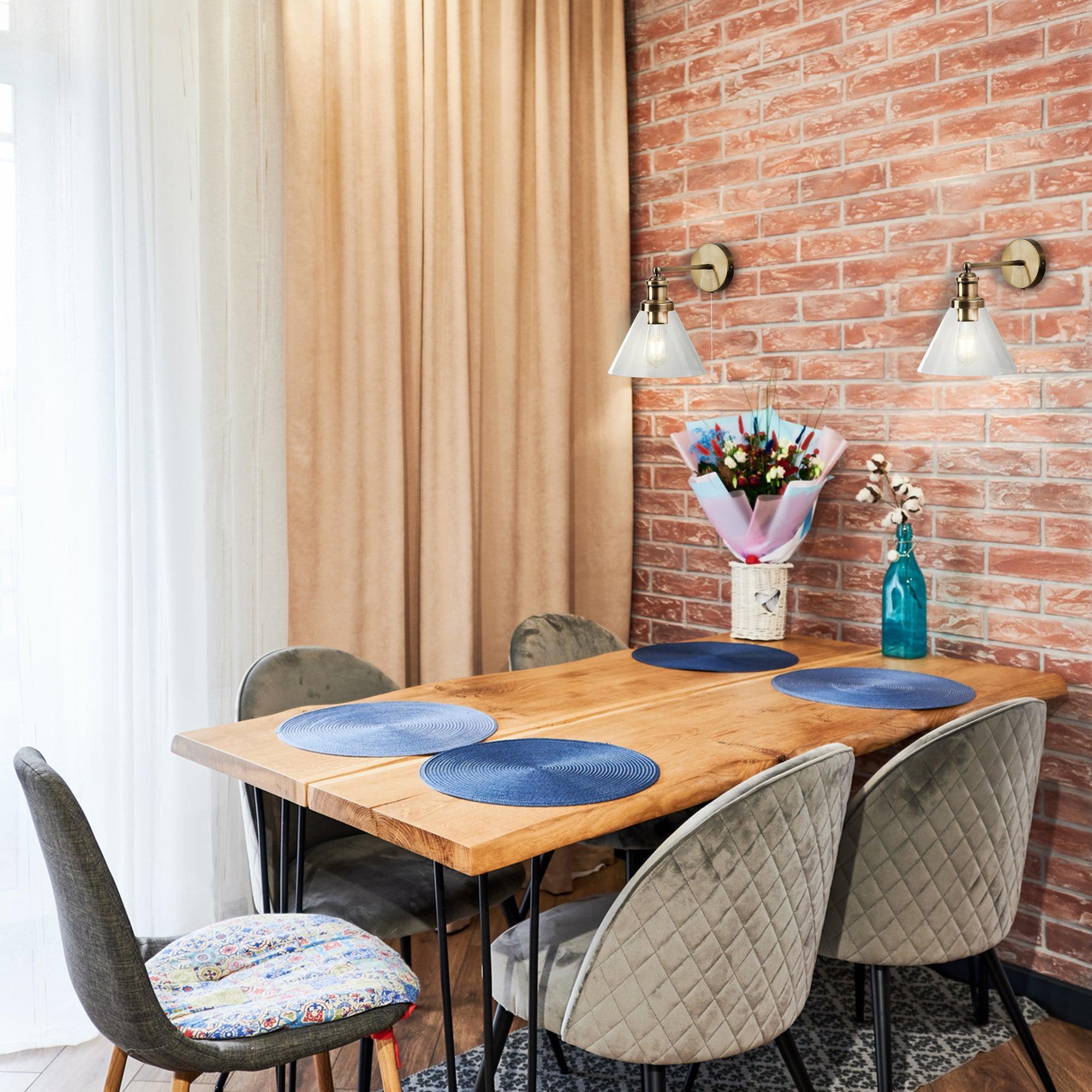 Pyramid Brass Wall Light - Clear Glass Shade - Pull Switch,1277AB,Searchlight Lighting, dining room close up image