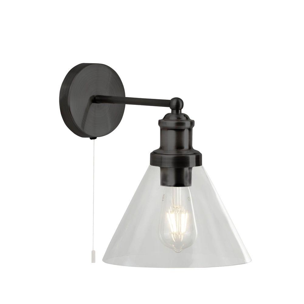pyramid black wall light clear glass shade pull switch
