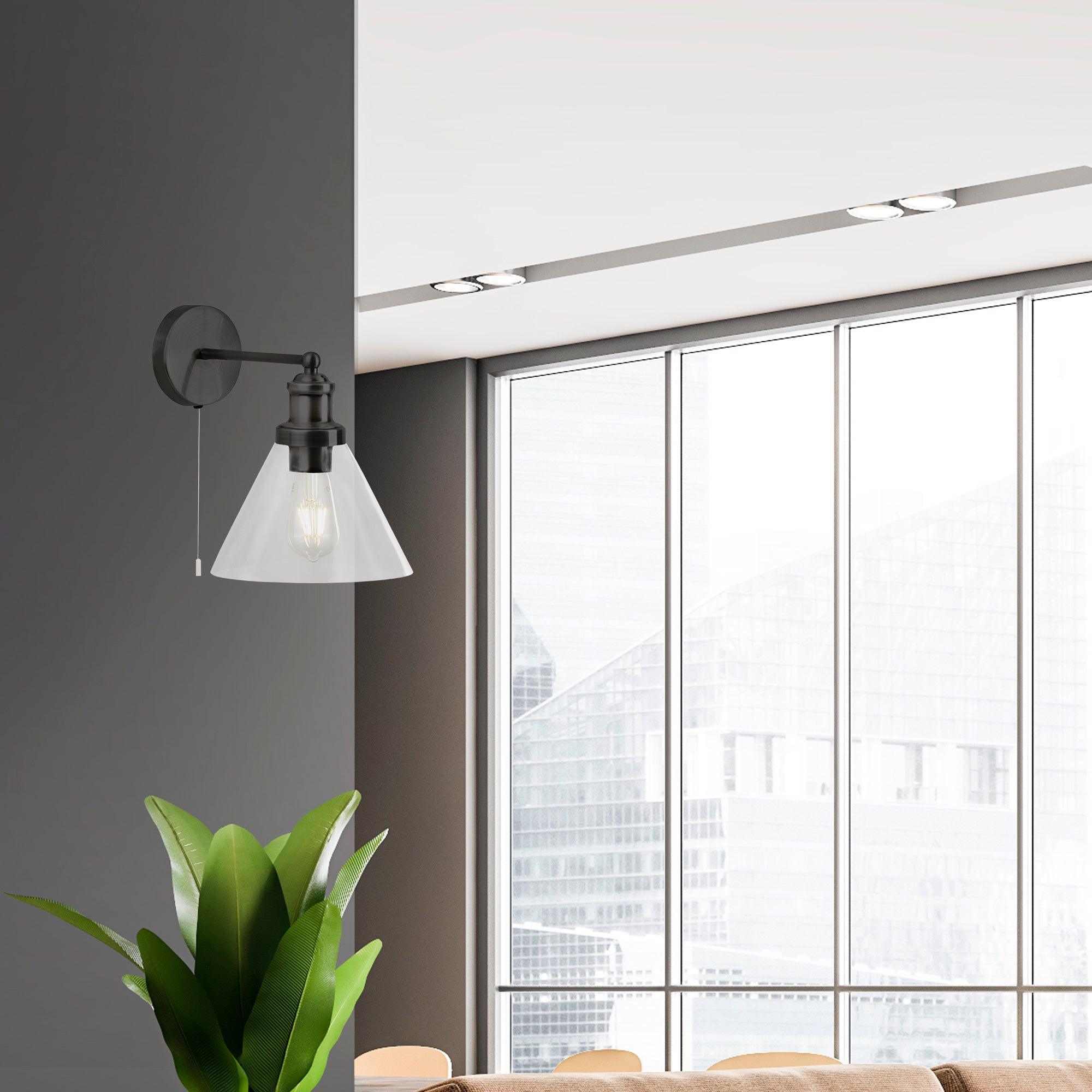 pyramid black wall light clear glass shade pull switch by searchlighting lighting, living room image