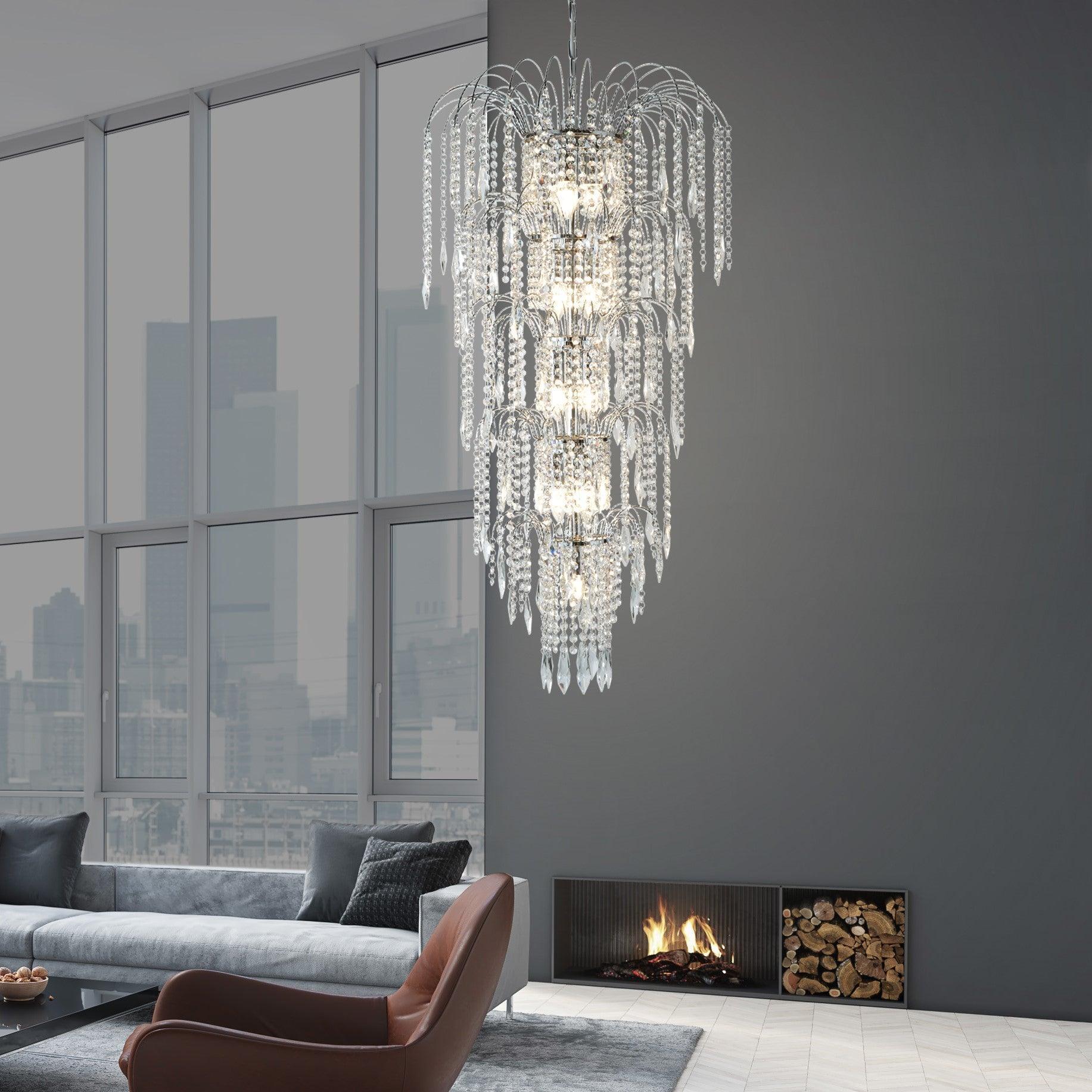 Waterfall 13 Light Chrome & Crystal Tiered Chandelier-2-Tiffany Lighting Direct