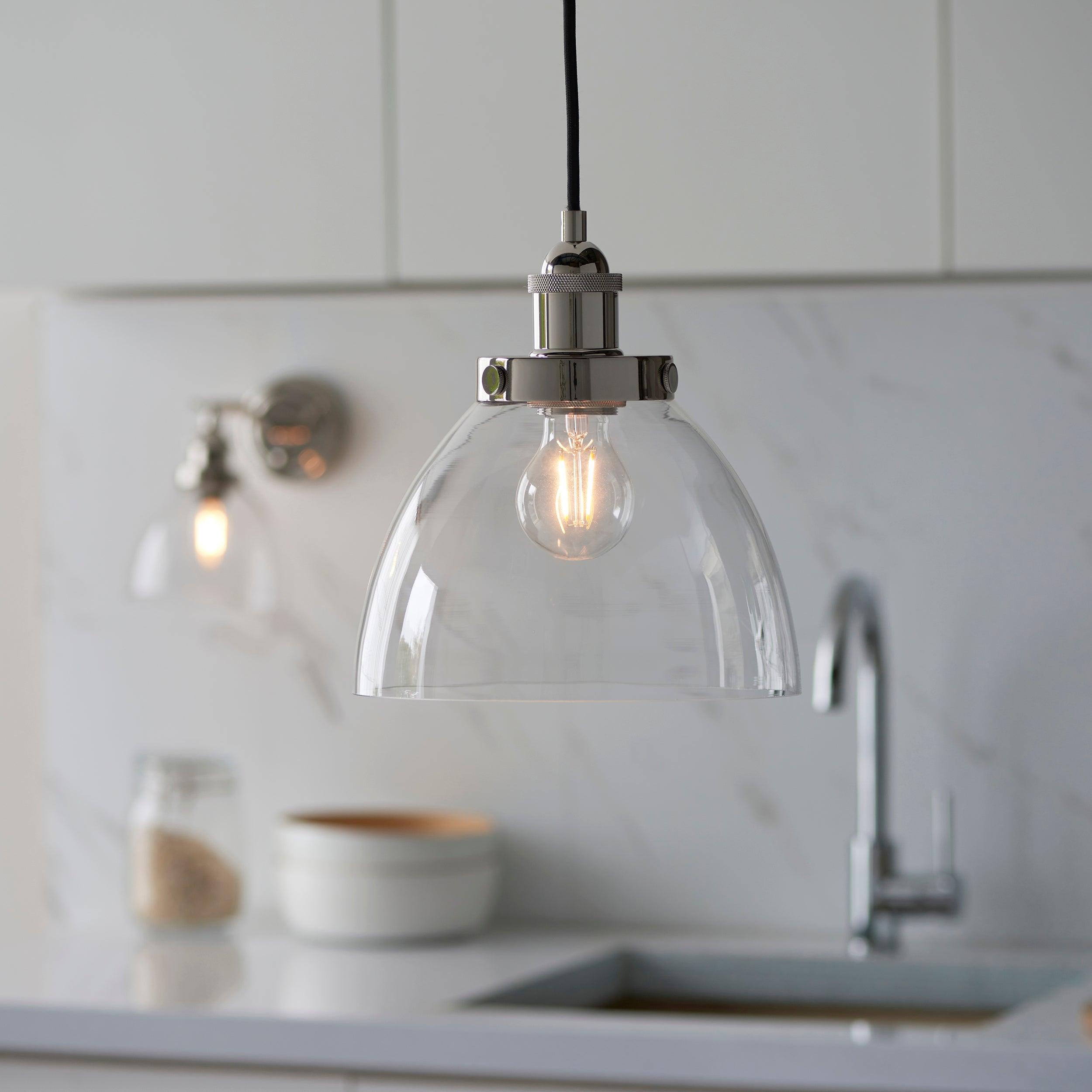 Greenford Nickel Industrial Pendant Light - Clear Glass Shade-Ceiling Pendant Lights-Living Lights Living Room Close Up Lighting Tiffany Lighting Direct