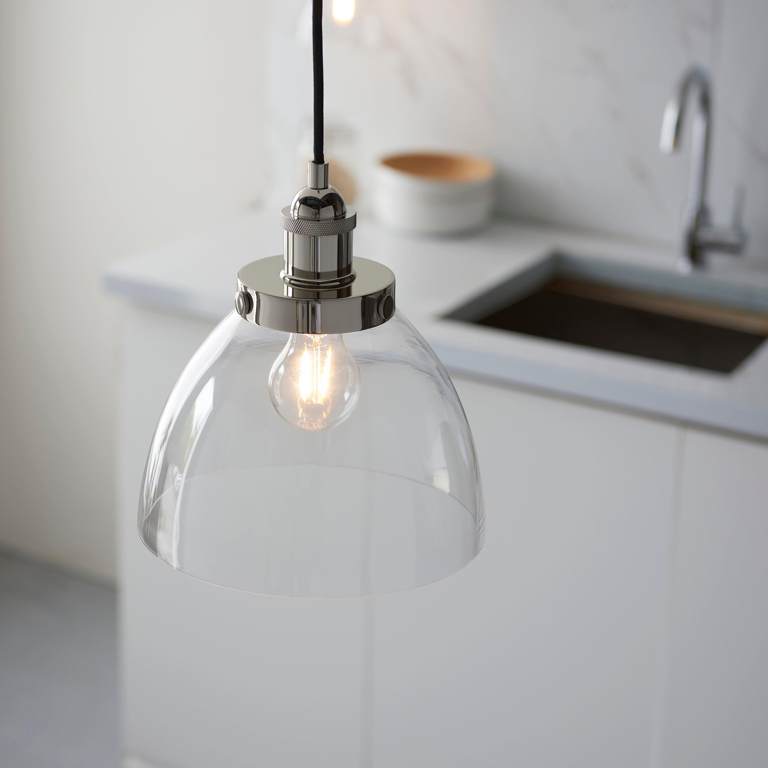 Greenford Nickel Industrial Pendant Light - Clear Glass Shade-Ceiling Pendant Lights-Living Lights living room 2nd close upTiffany Lighting Direct