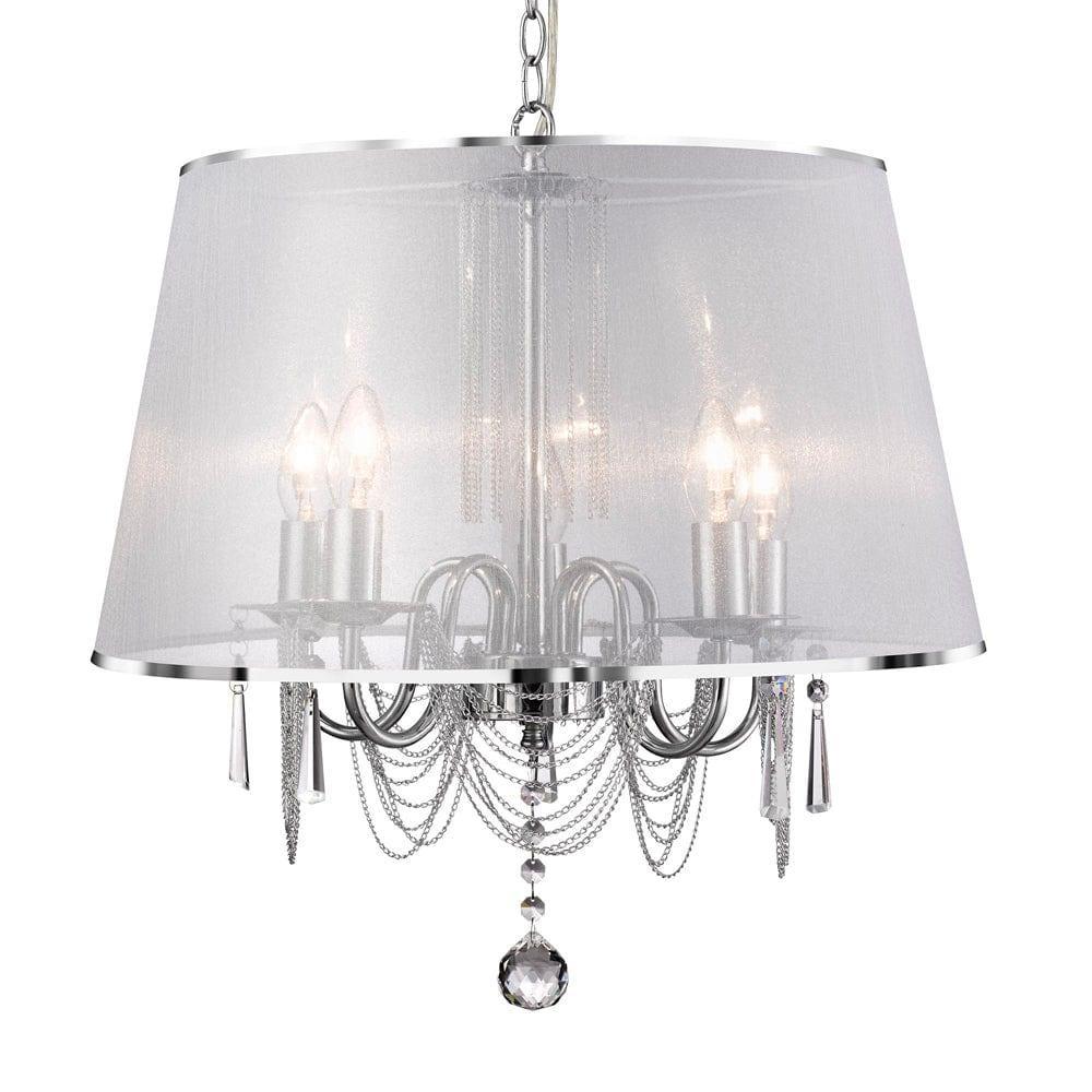 Venetian - 5 Light Chrome Pendant - White Voile Shade-Ceiling Pendant Lights-1-Tiffany Lighting Direct
