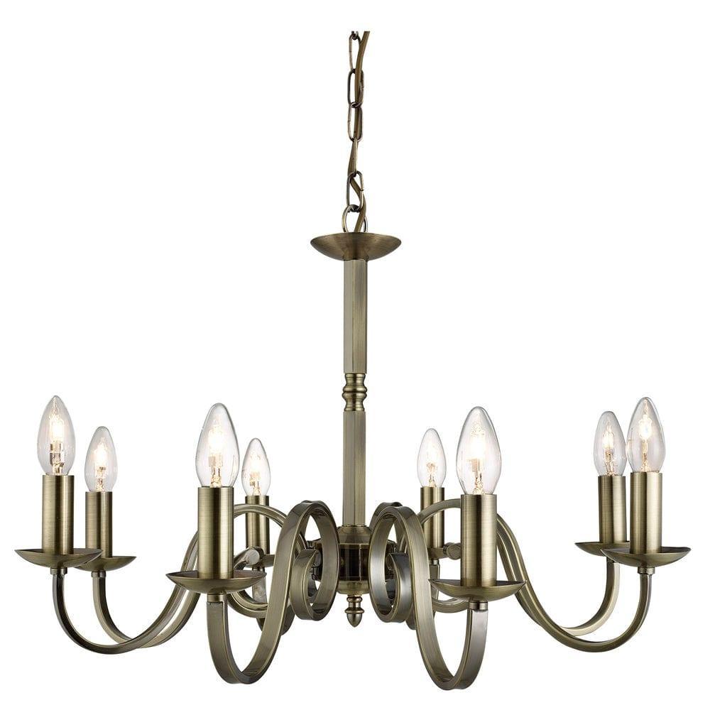 Richmond 8 Light Antique Brass Scroll Arm Chandelier-1-Tiffany Lighting Direct