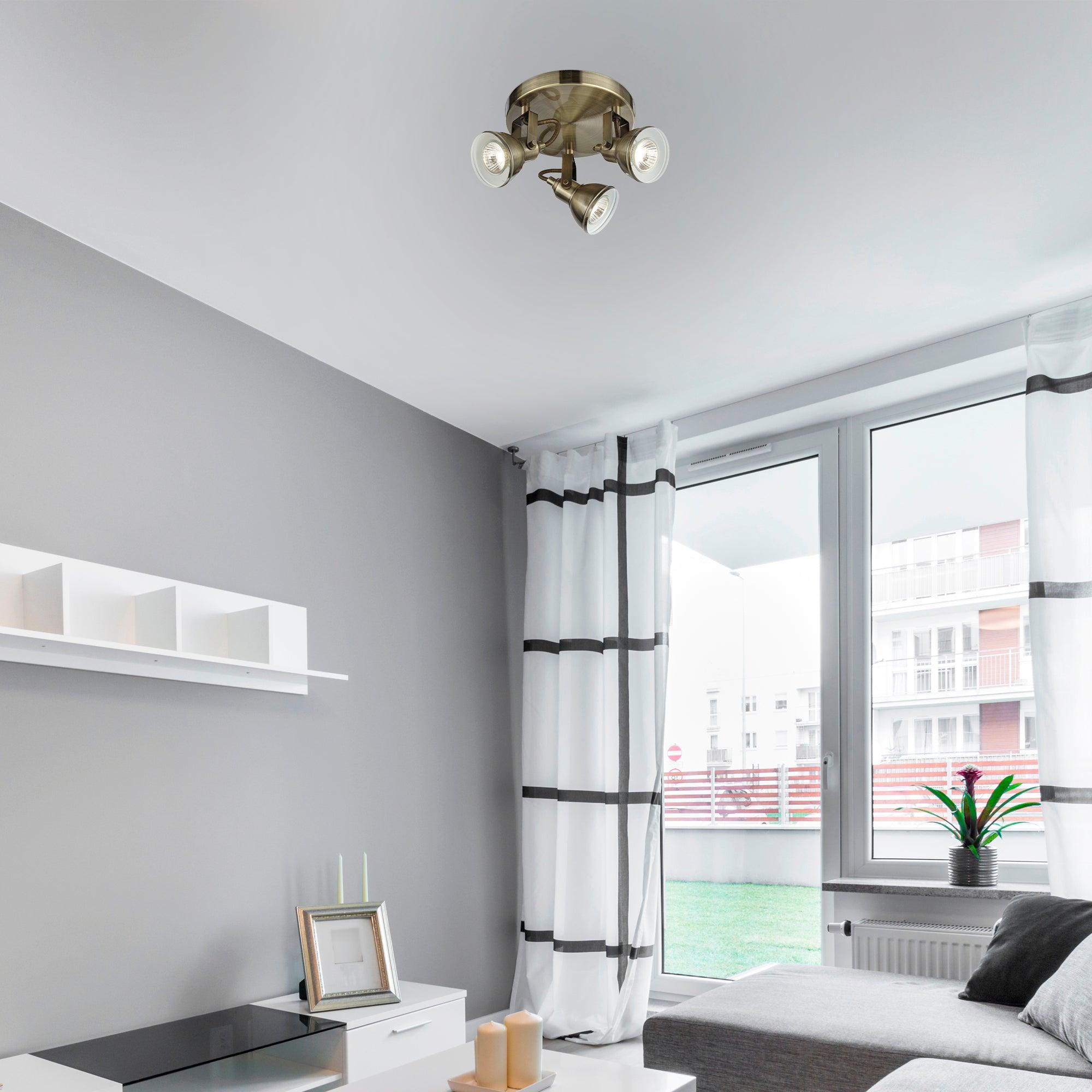 focus 3 light antique brass adjustable ceiling spotlights by searchlighting lighting, living room image