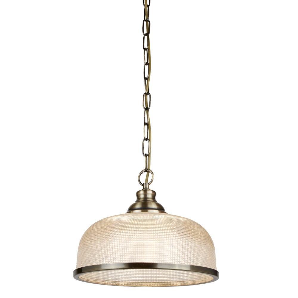 Bistro II 1 Light Brass Pendant - Holophane Glass Shade-Ceiling Pendant Lights-1-Tiffany Lighting Direct