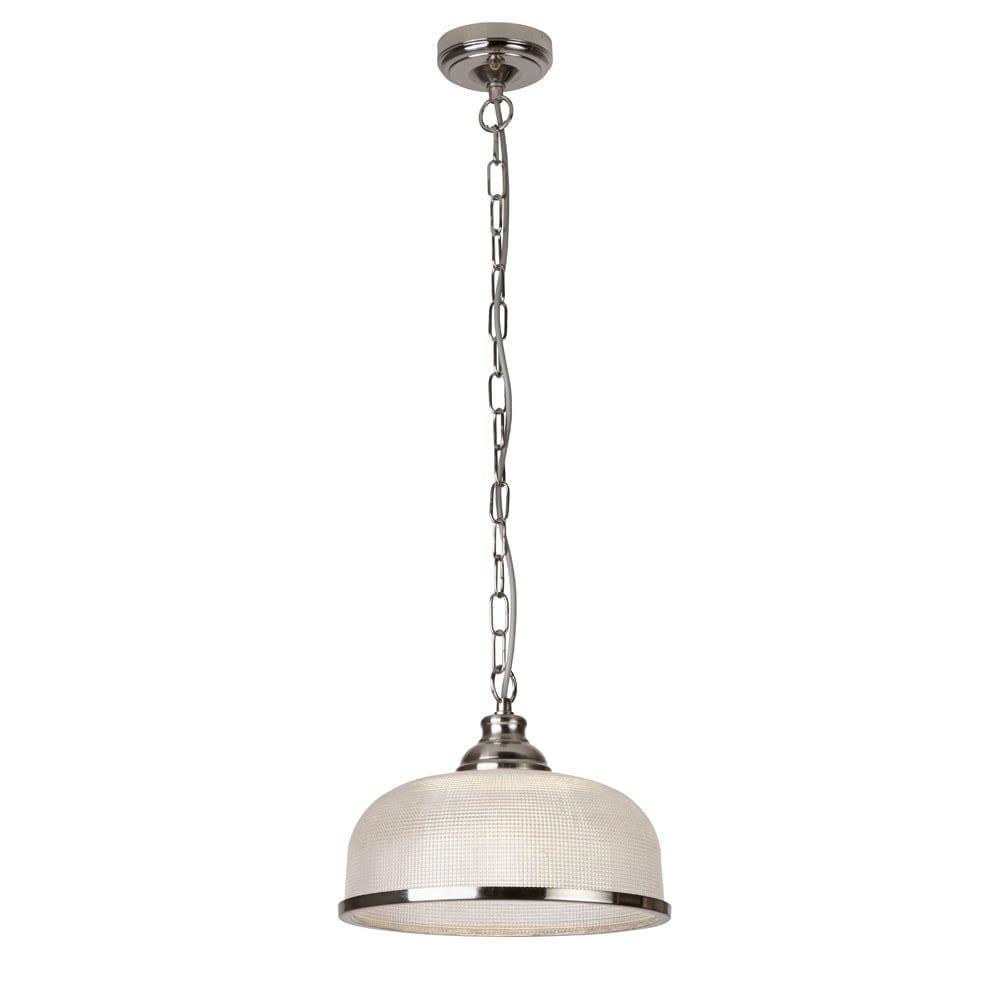 Bistro II 1 Light Silver Pendant - Holophane Glass Shade-Ceiling Pendant Lights-1-Tiffany Lighting Direct