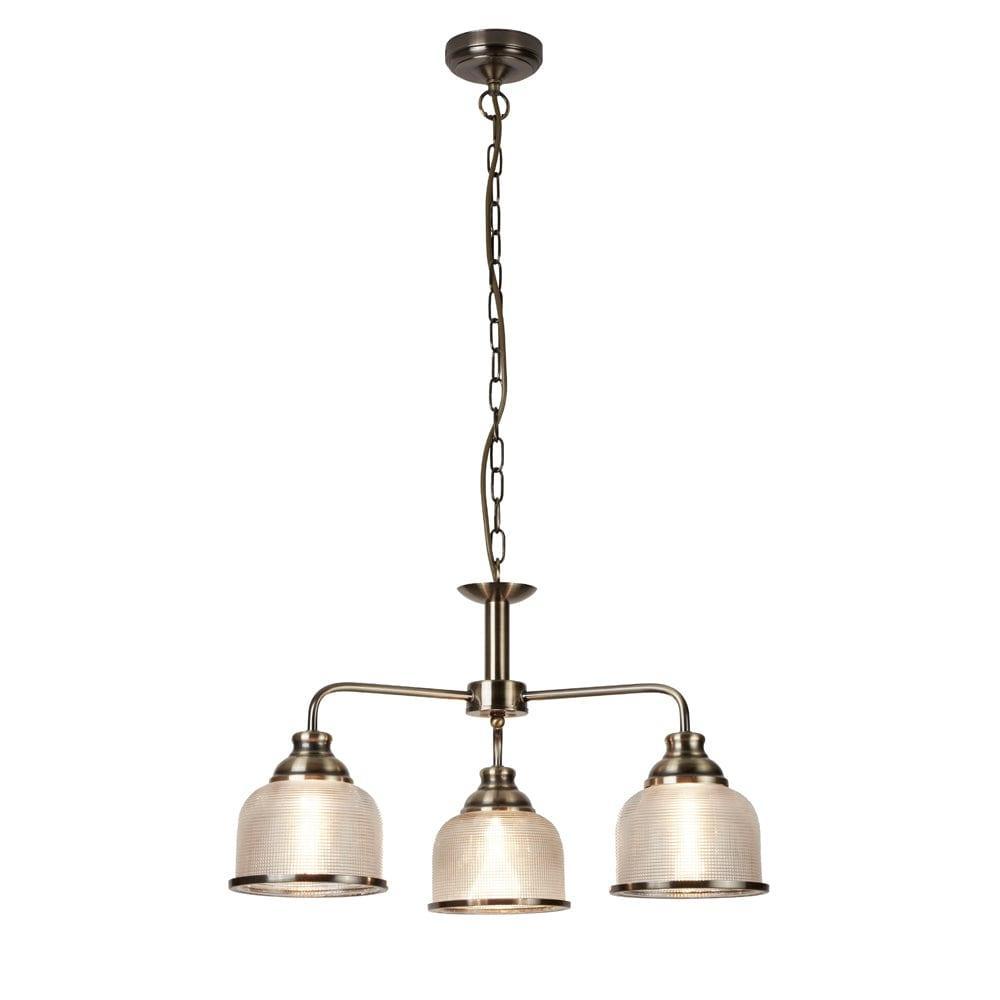Bistro II 3 Light Brass Pendant - Holophane Glass Shades-Ceiling Pendant Lights-1-Tiffany Lighting Direct
