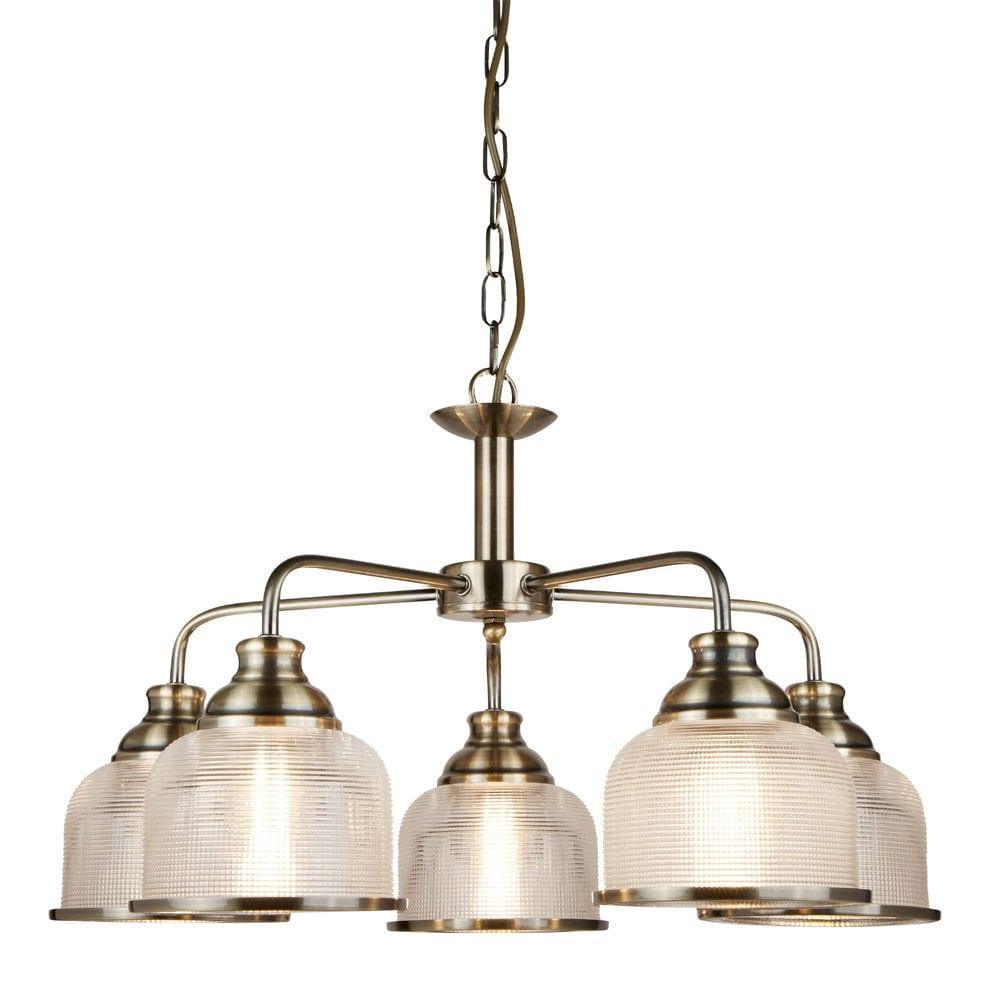 Bistro II 5 Light Brass Pendant - Holophane Glass Shades-Ceiling Pendant Lights-1-Tiffany Lighting Direct