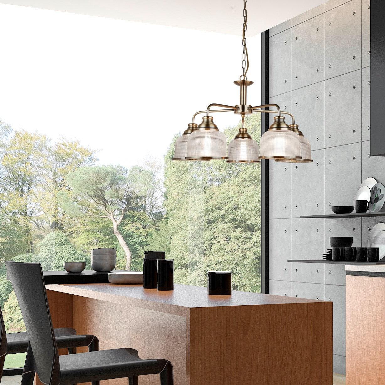 Bistro II 5 Light Brass Pendant - Holophane Glass Shades-Ceiling Pendant Lights-5-Tiffany Lighting Direct