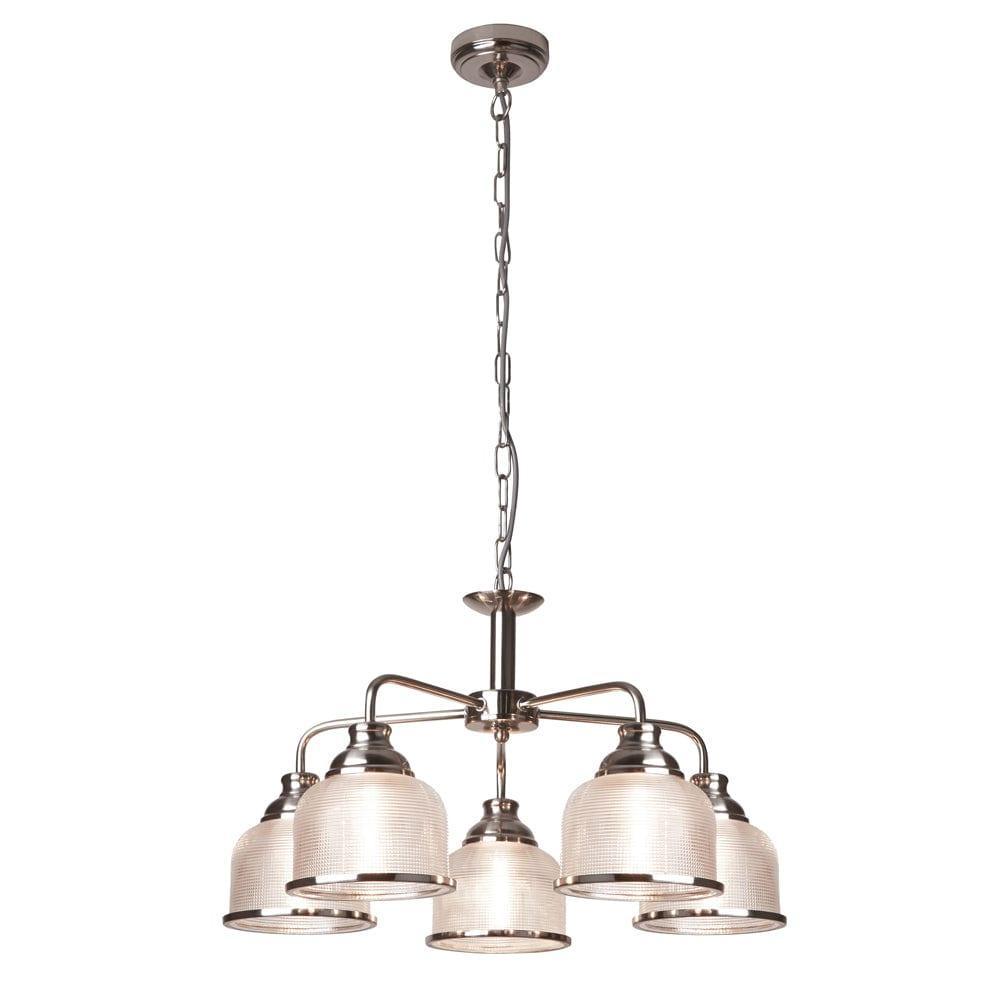 Bistro II 5 Light Silver Pendant - Holophane Glass Shades-Ceiling Pendant Lights-1-Tiffany Lighting Direct