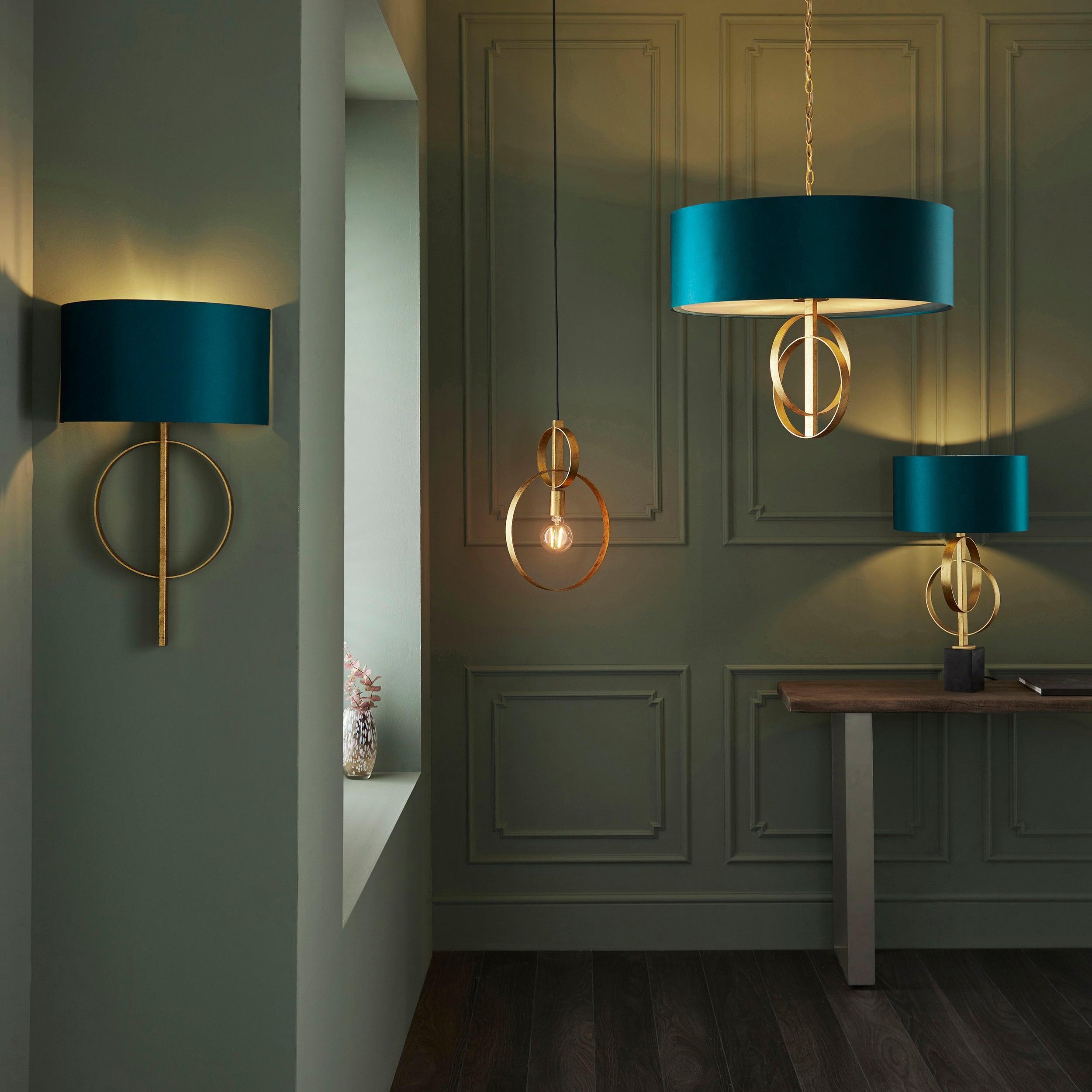norfolk gold wall light with teal half shade Close Up Lit Image