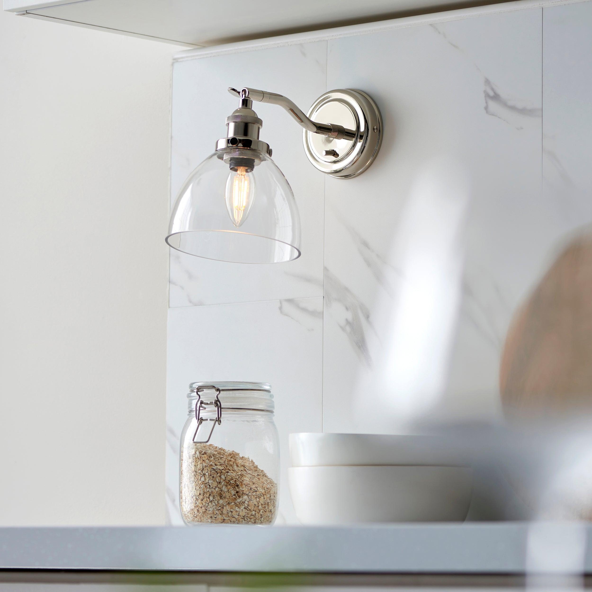 hansen nickel wall light with clear glass shade by Endon Lighting Living room image