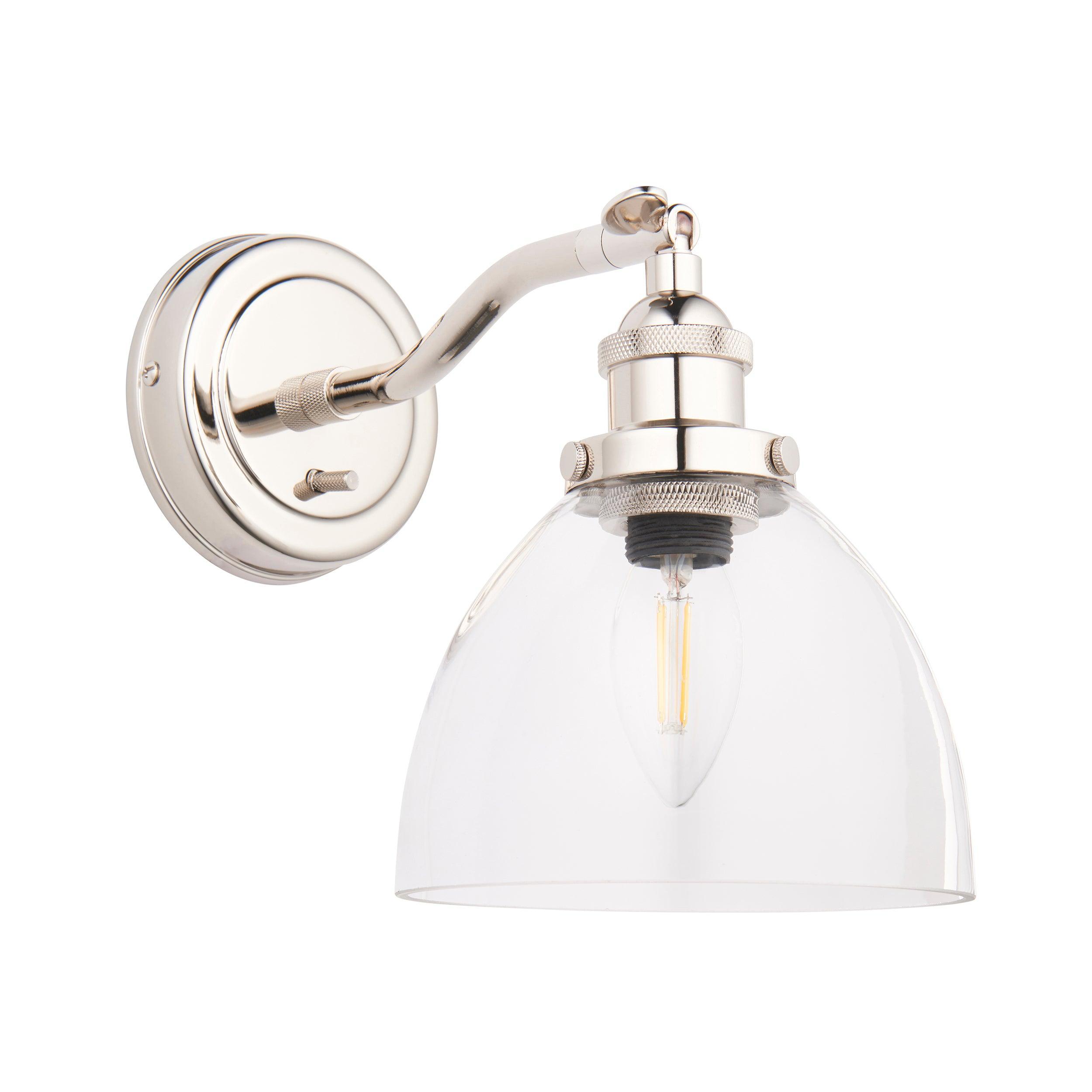 hansen nickel wall light with clear glass shade by Endon Lighting Bedroom Close Up Image
