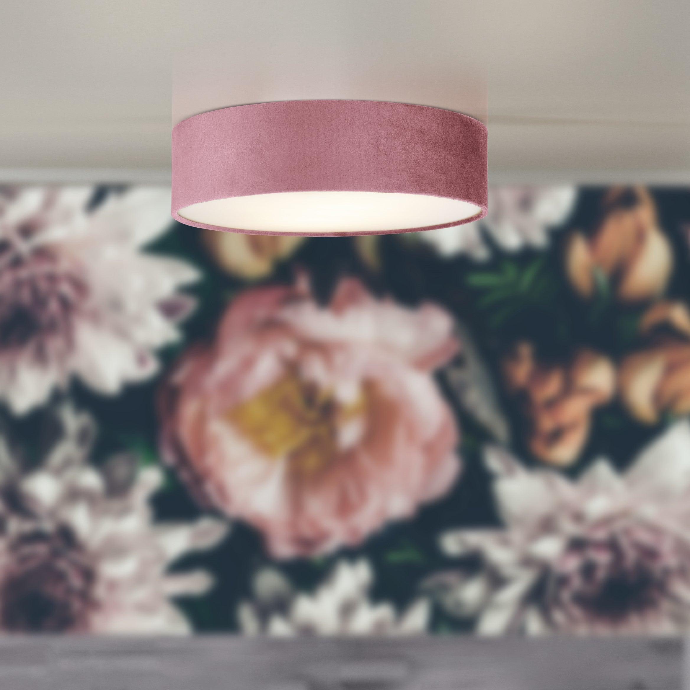 Searchlight Drum 3 Light Ceiling Flush - Pink Velvet Shade Living Room Image 5