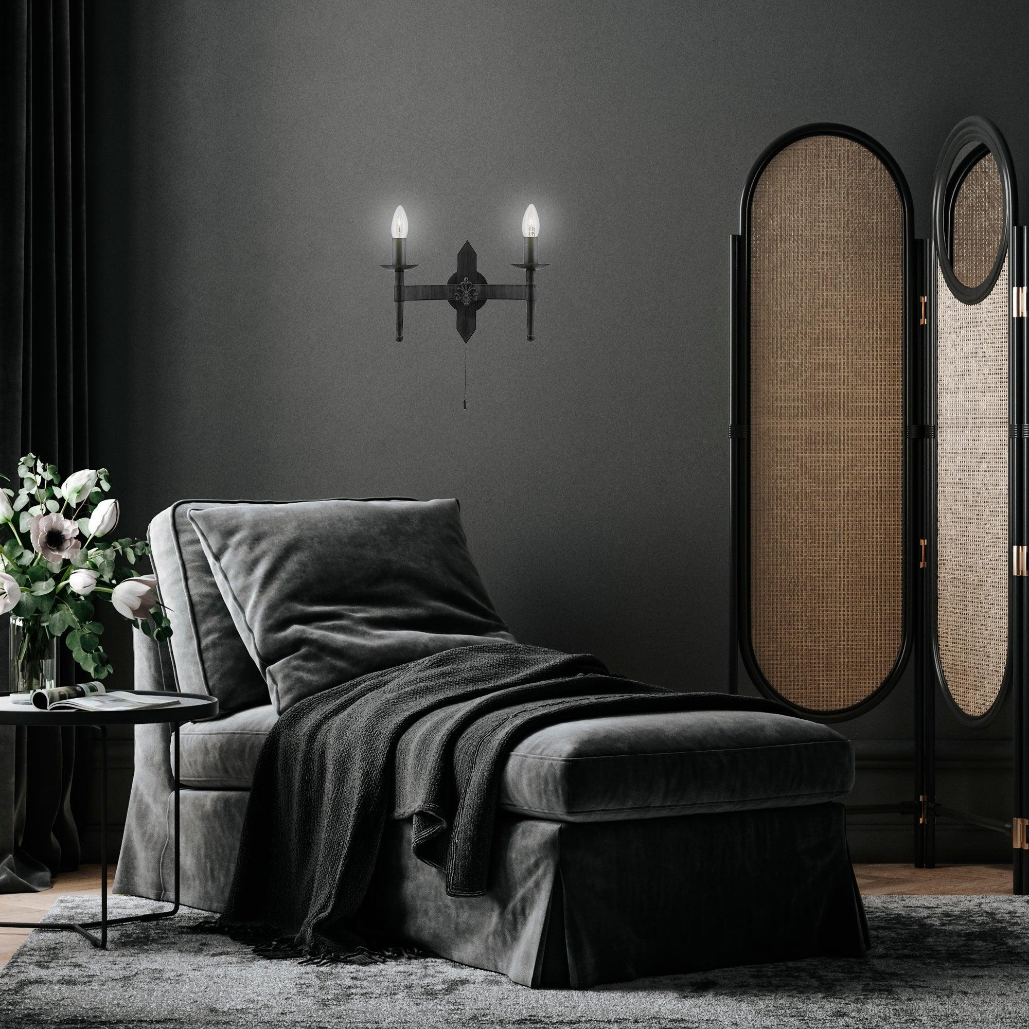 cartwheel ii 2 lt black wrought iron wall light by searchlighting lighting, living room image