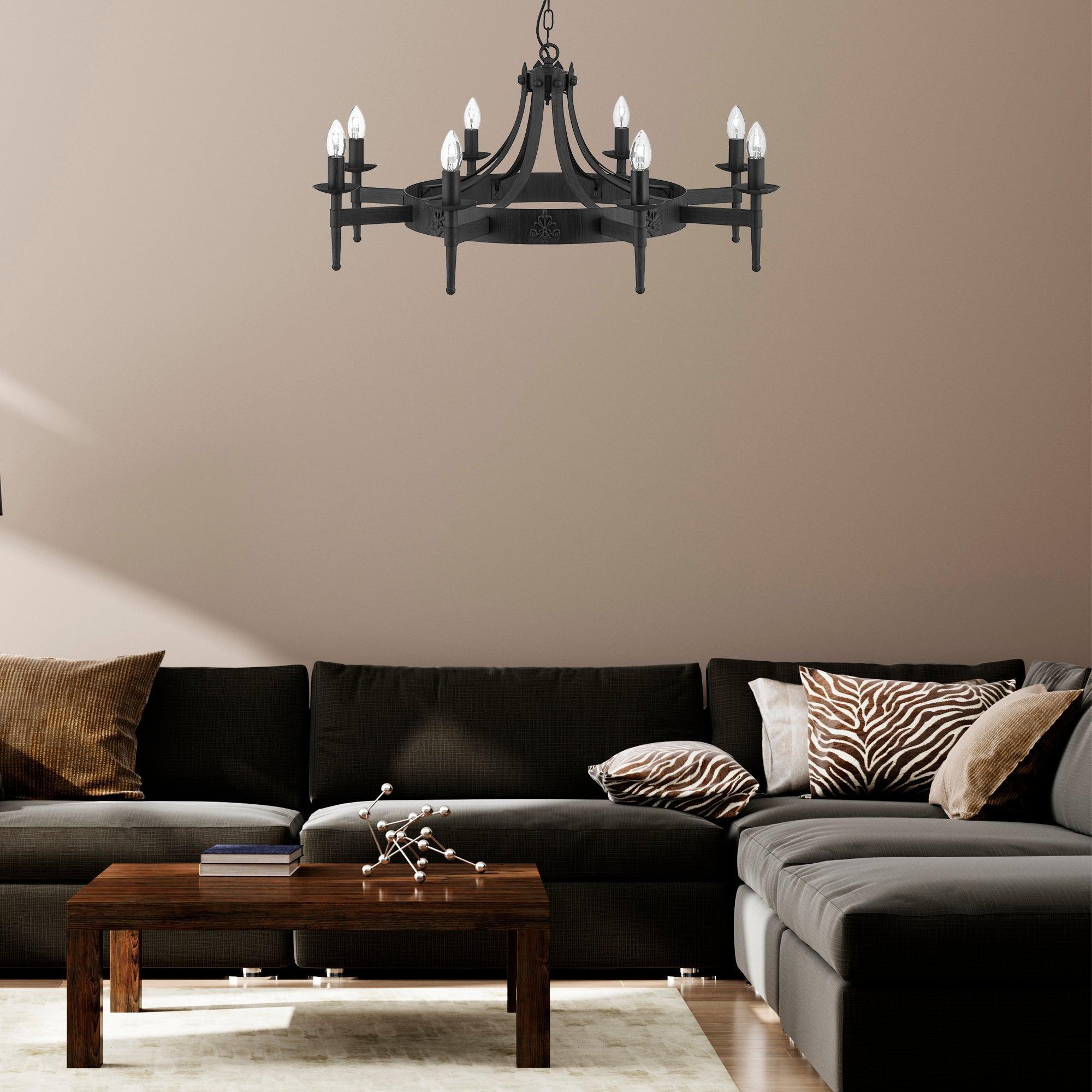Cartwheel II 8 Light Black Wrought Iron Chandelier-5-Tiffany Lighting Direct