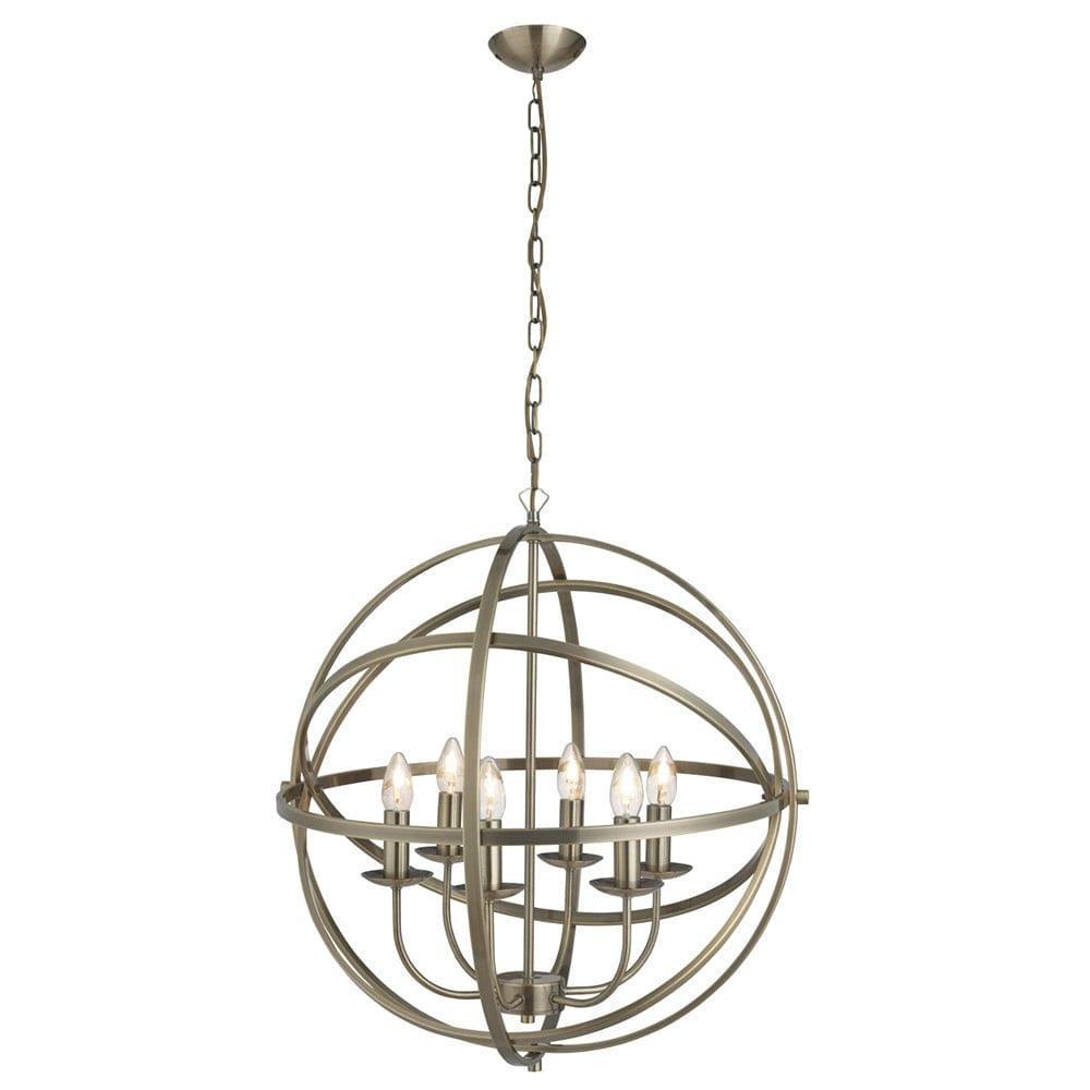 Orbit 6 Light Cage Frame Orb Brass Pendant Searchlight-Ceiling Pendant Lights-1-Tiffany Lighting Direct