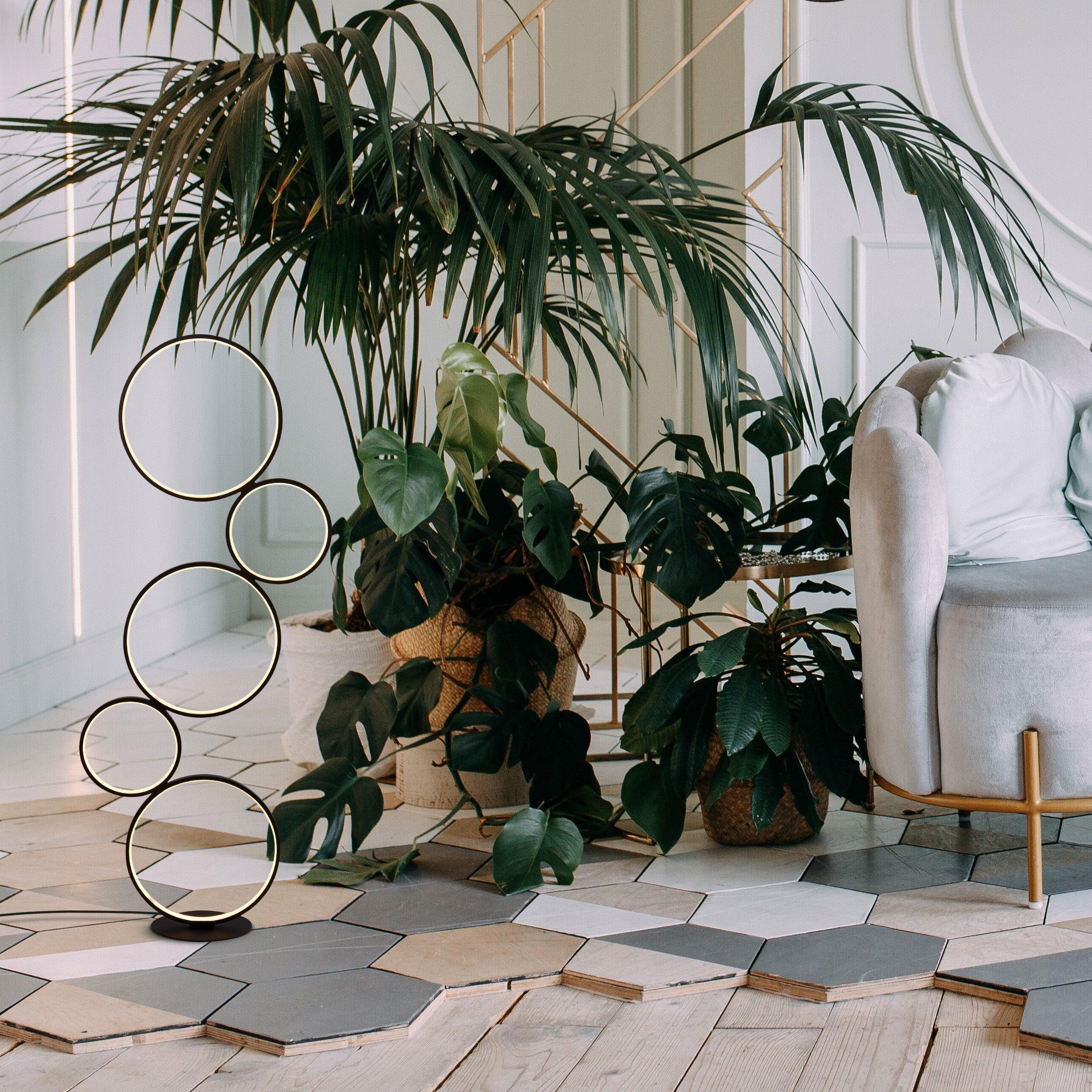 cirque 5 light led ring black floor lamp by searchlighting lighting, living room image