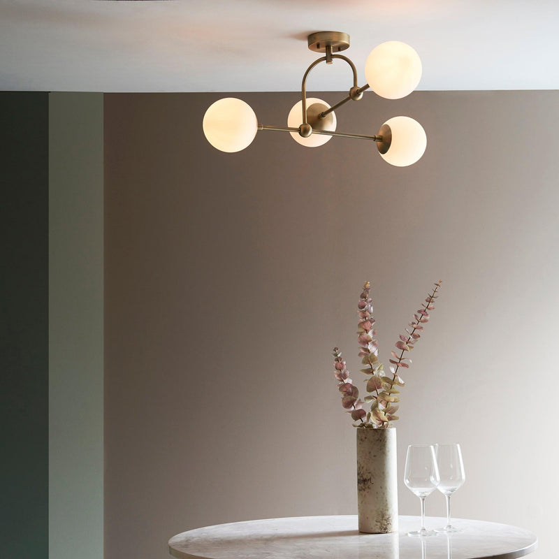 Eldorado 4 Light Brass Ceiling Semi Flush - Opal Glass Shades Hallway Image