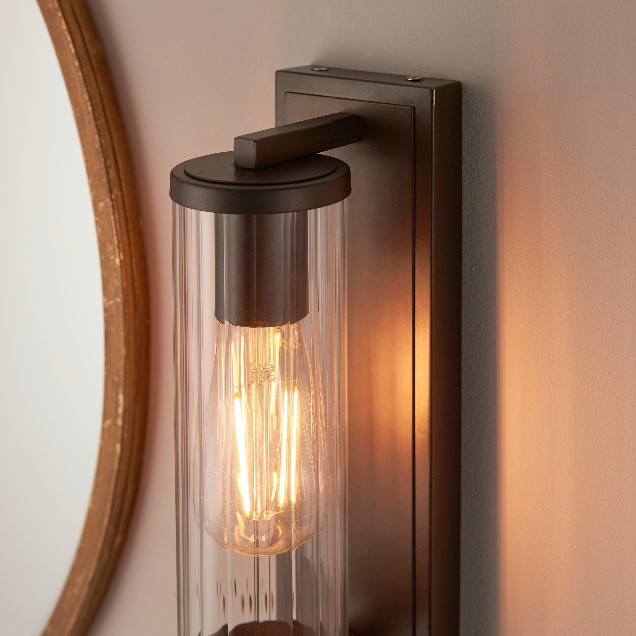 Islington Bronze Bathroom Wall Light - Ribbed Glass Shade Living Room Close Up