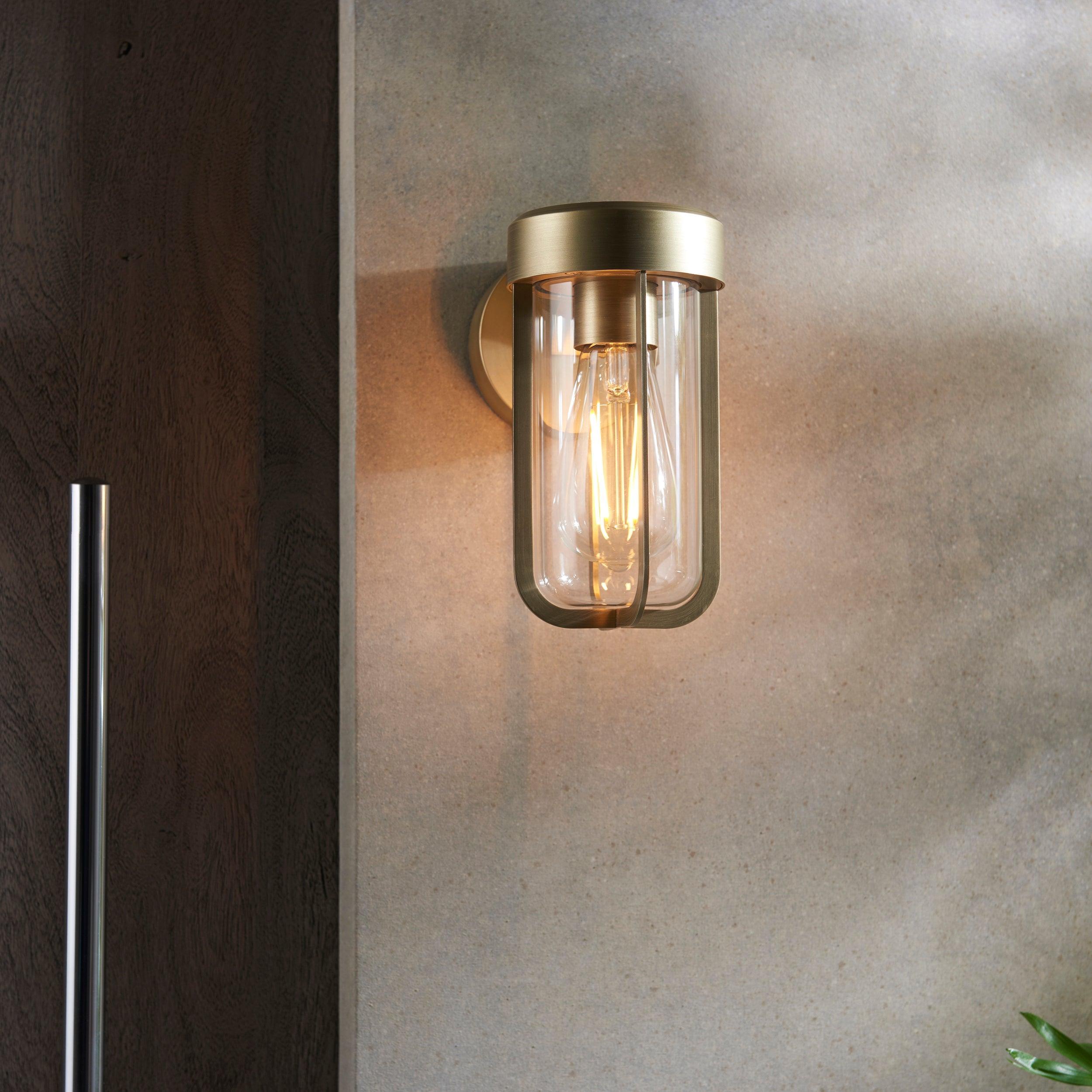 Newquay Brushed Gold Outdoor Wall Light - Glass Shade Living Room Close Up