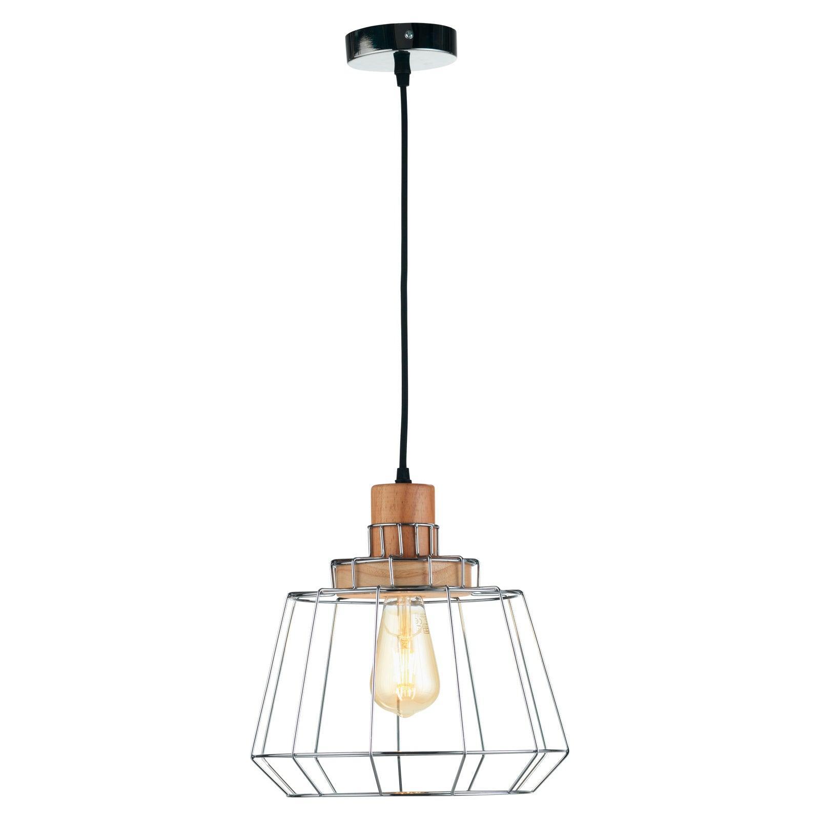 Oaks Lighting Rulo Chrome Wire Frame & Wood Ceiling Pendant-Ceiling Pendant Lights-Oaks Lighting-1-Tiffany Lighting Direct