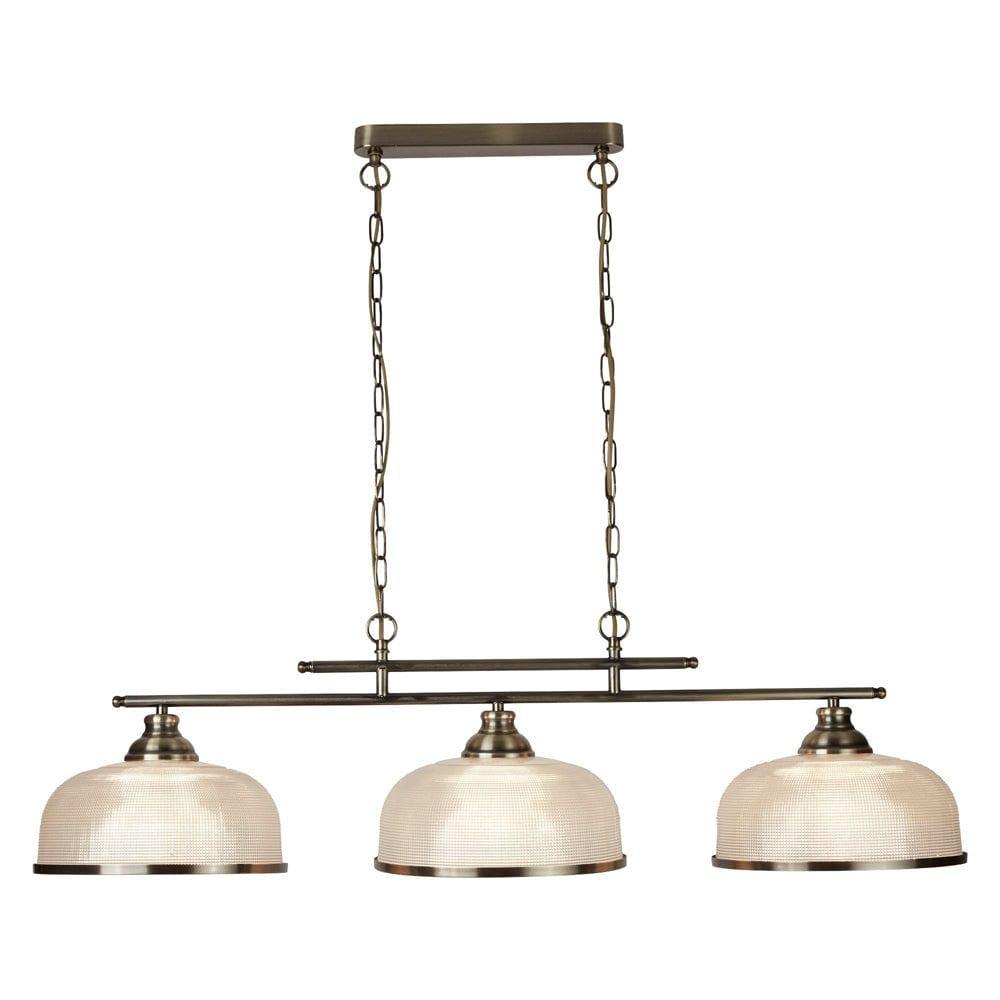 Bistro II 3 Light Brass Bar Pendant - Holophane Glass Shades-Ceiling Pendant Lights-1-Tiffany Lighting Direct
