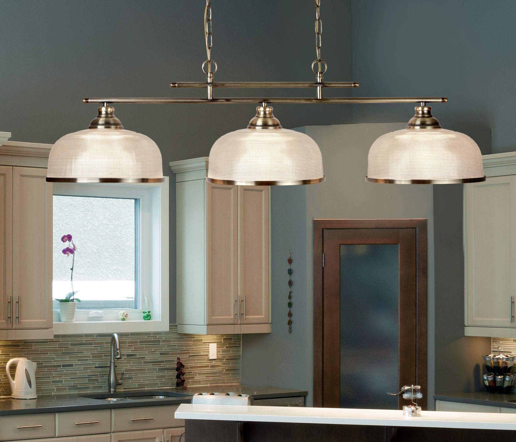 Bistro II 3 Light Brass Bar Pendant - Holophane Glass Shades-Ceiling Pendant Lights-5-Tiffany Lighting Direct