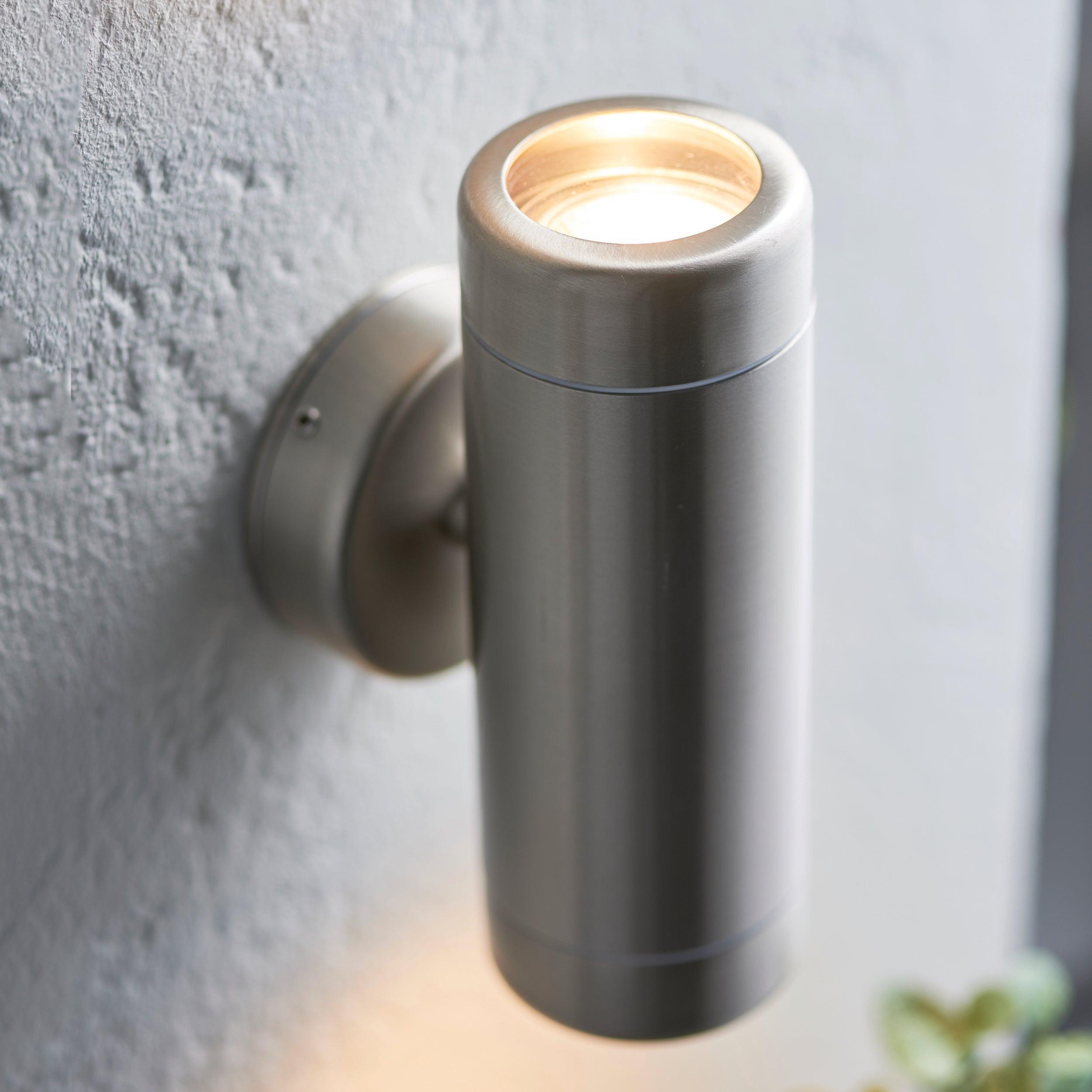 atlantis silver up down 2 light led outdoor wall light ip65 by saxby lighting, close up image 182