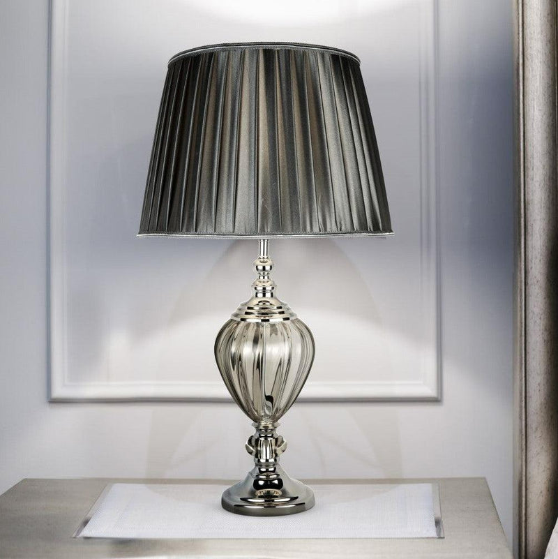 Greyson Clear Glass Urn Table Lamp - Grey Pleated Shade-Searchlight Lighting-Living-Room-Tiffany Lighting Direct-[image-position]
