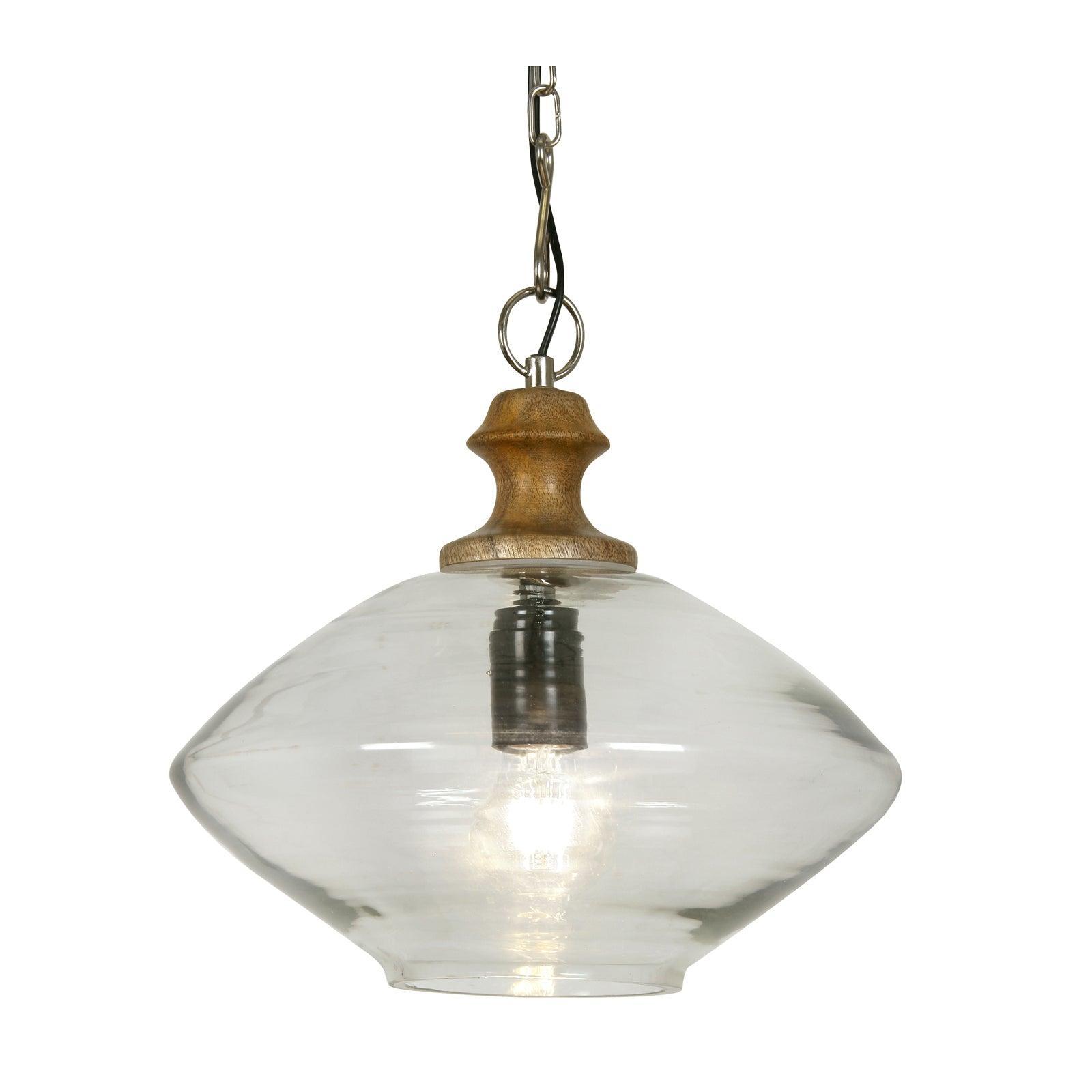 Oaks Lighting Jalpur Clear Glass & Wood Pendant Light-Ceiling Pendant Lights-Oaks Lighting-1-Tiffany Lighting Direct