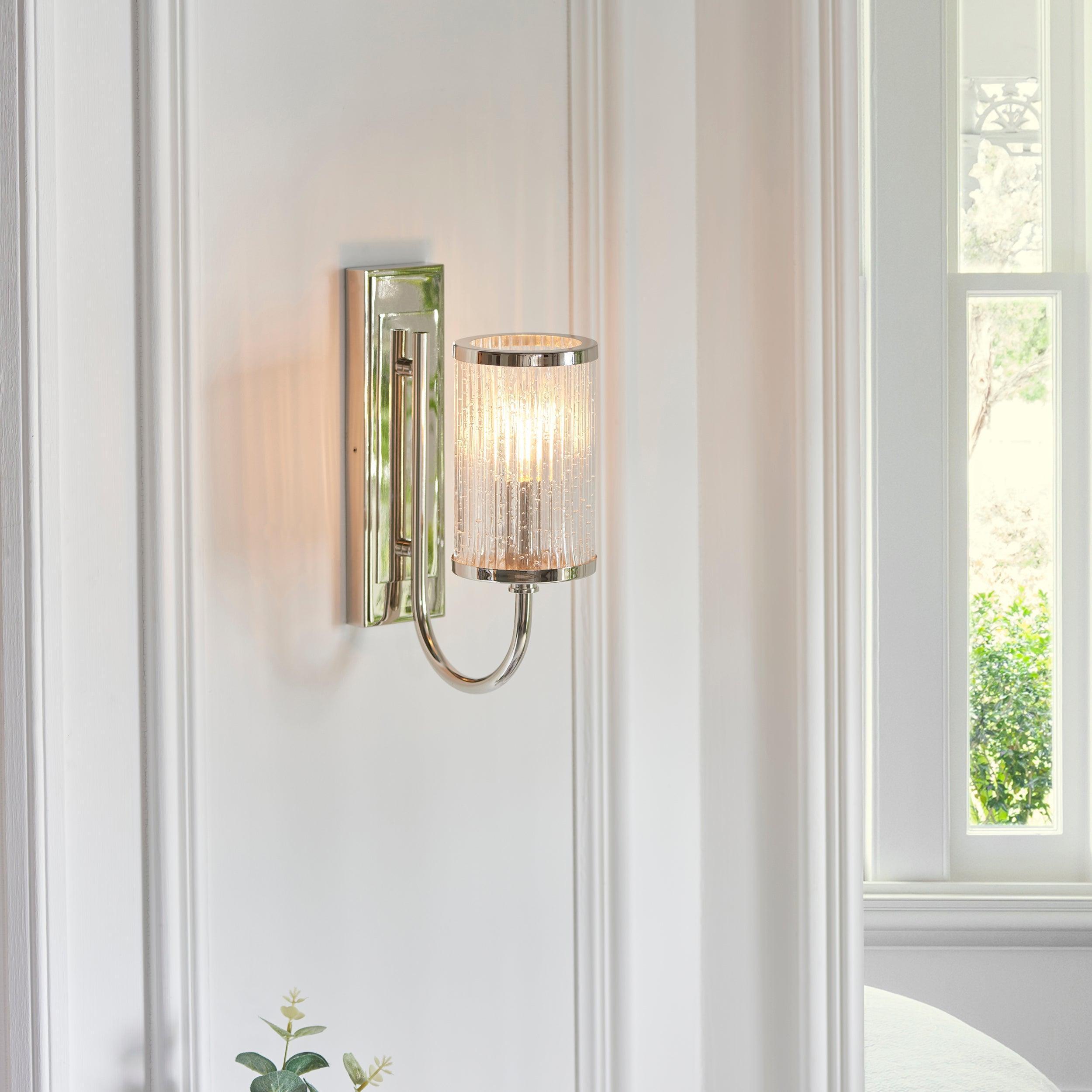 henbury nickel wall light with ribbed glass by Endon Lighting Bedroom Hero Shot