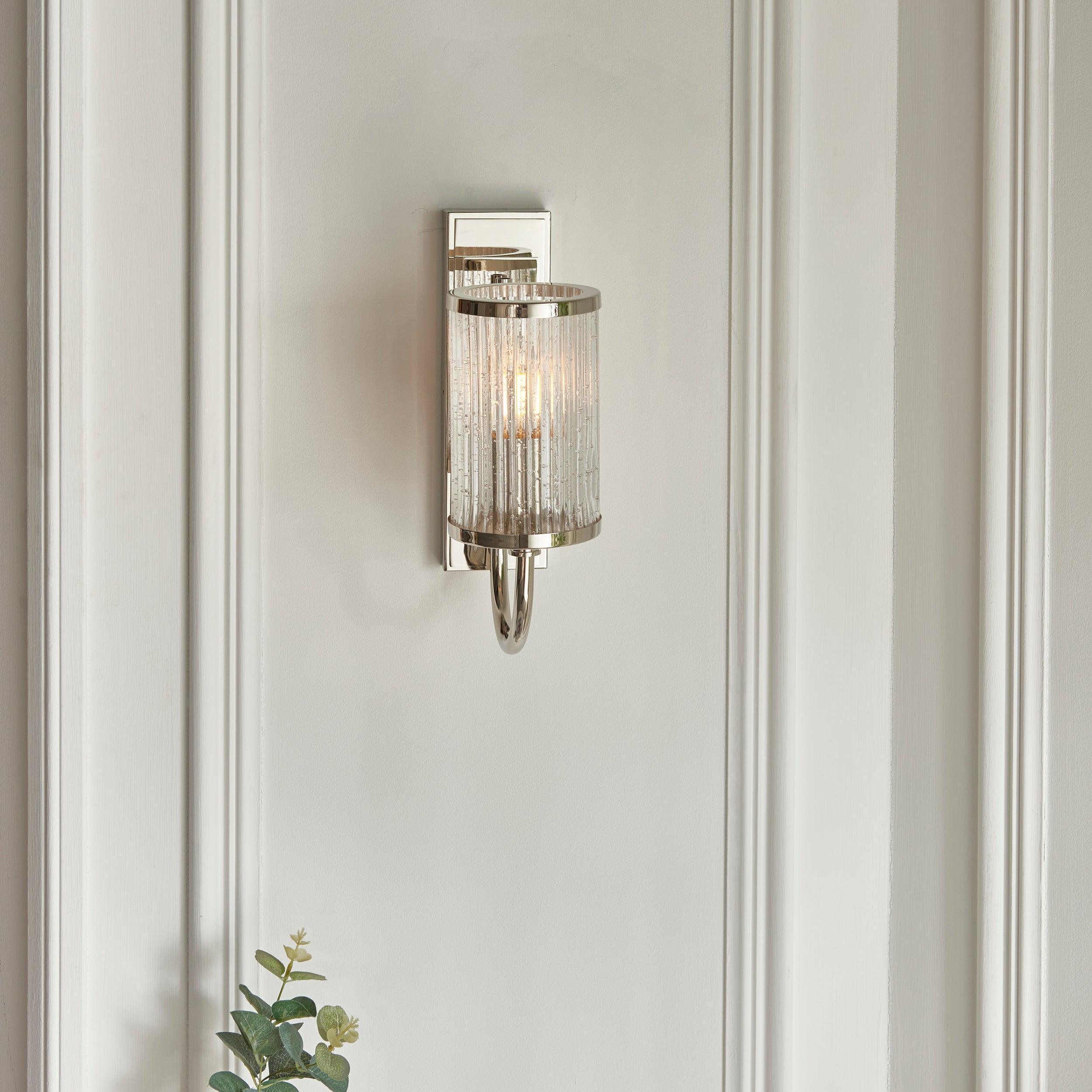 henbury nickel wall light with ribbed glass by Endon Lighting Bedroom Close Up Image