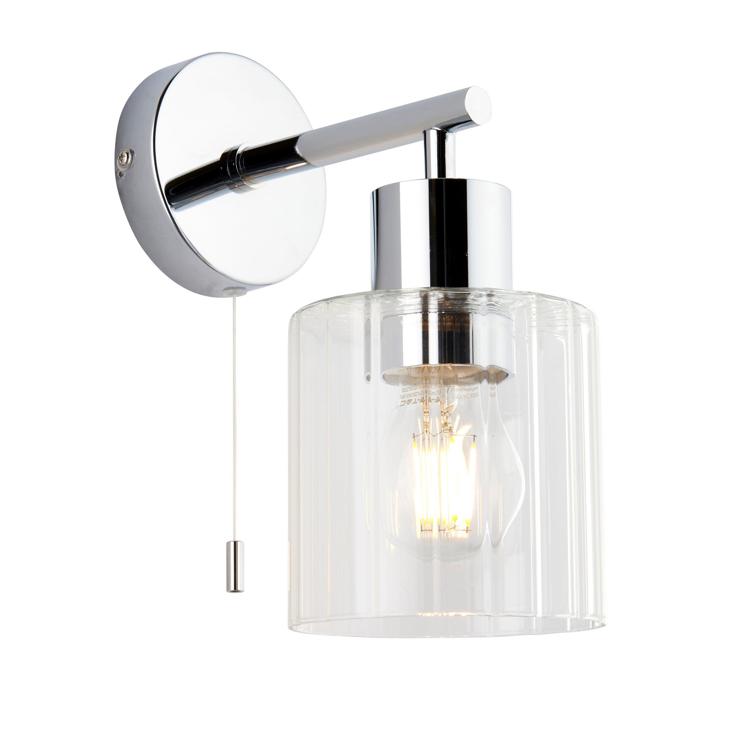 Torbay Chrome & Glass Shade Bathroom Wall Light - Pull Cord