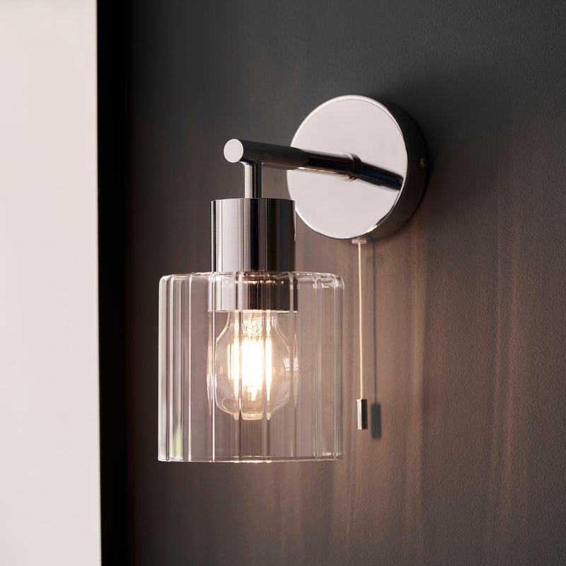 Torbay Chrome & Glass Shade Bathroom Wall Light - Pull Cord