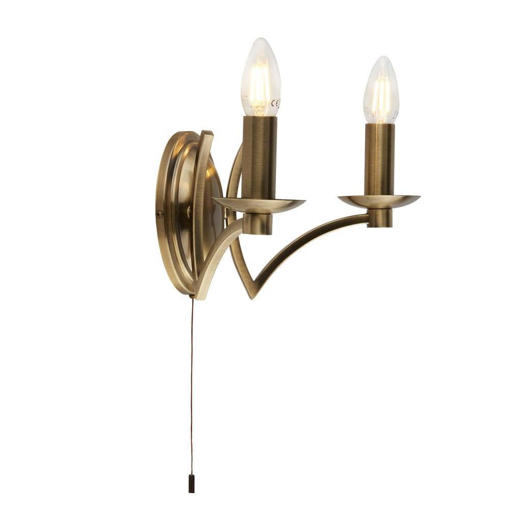 Ascot 2 Lt Antique Brass Wall Light With Pull Switch,41312-2AB,Searchlight Lighting,1