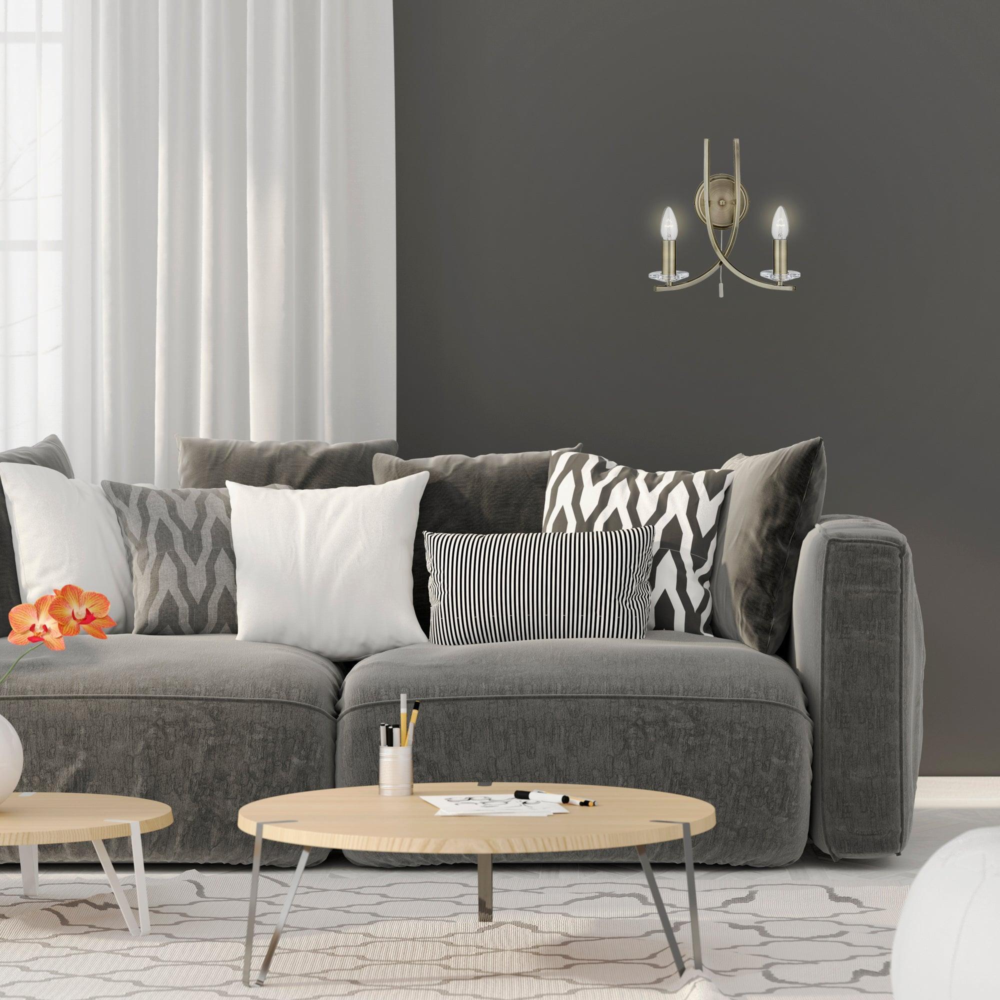 Ascona 2 Light Antique Brass Wall Light With Clear Glass Sconces,4162-2AB,Searchlight Lighting, living room close up image