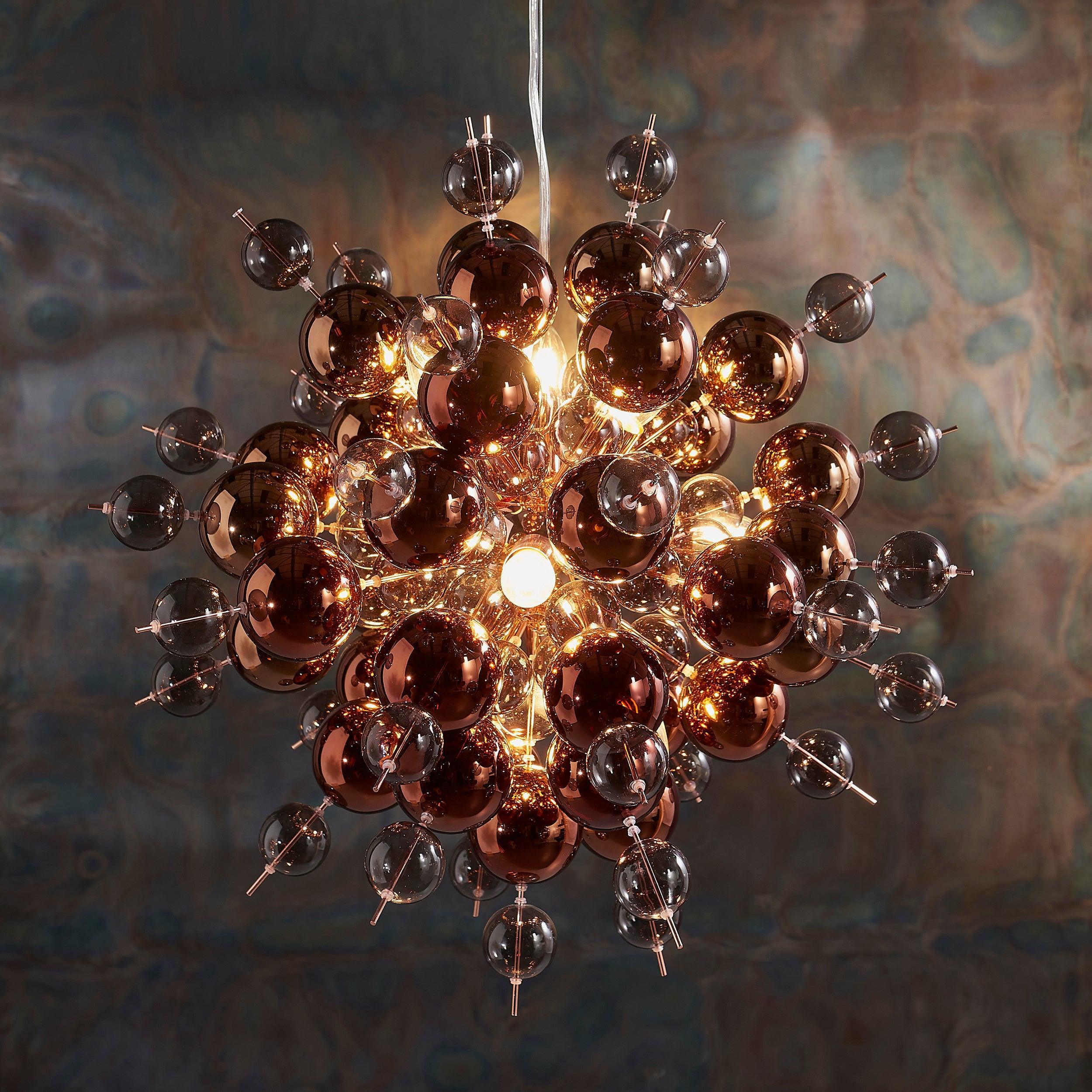 Dreamscape 9 Light Copper Pendant With Tinted Glass Spheres-Ceiling Pendant Lights-Living Lights-2-Tiffany Lighting Direct