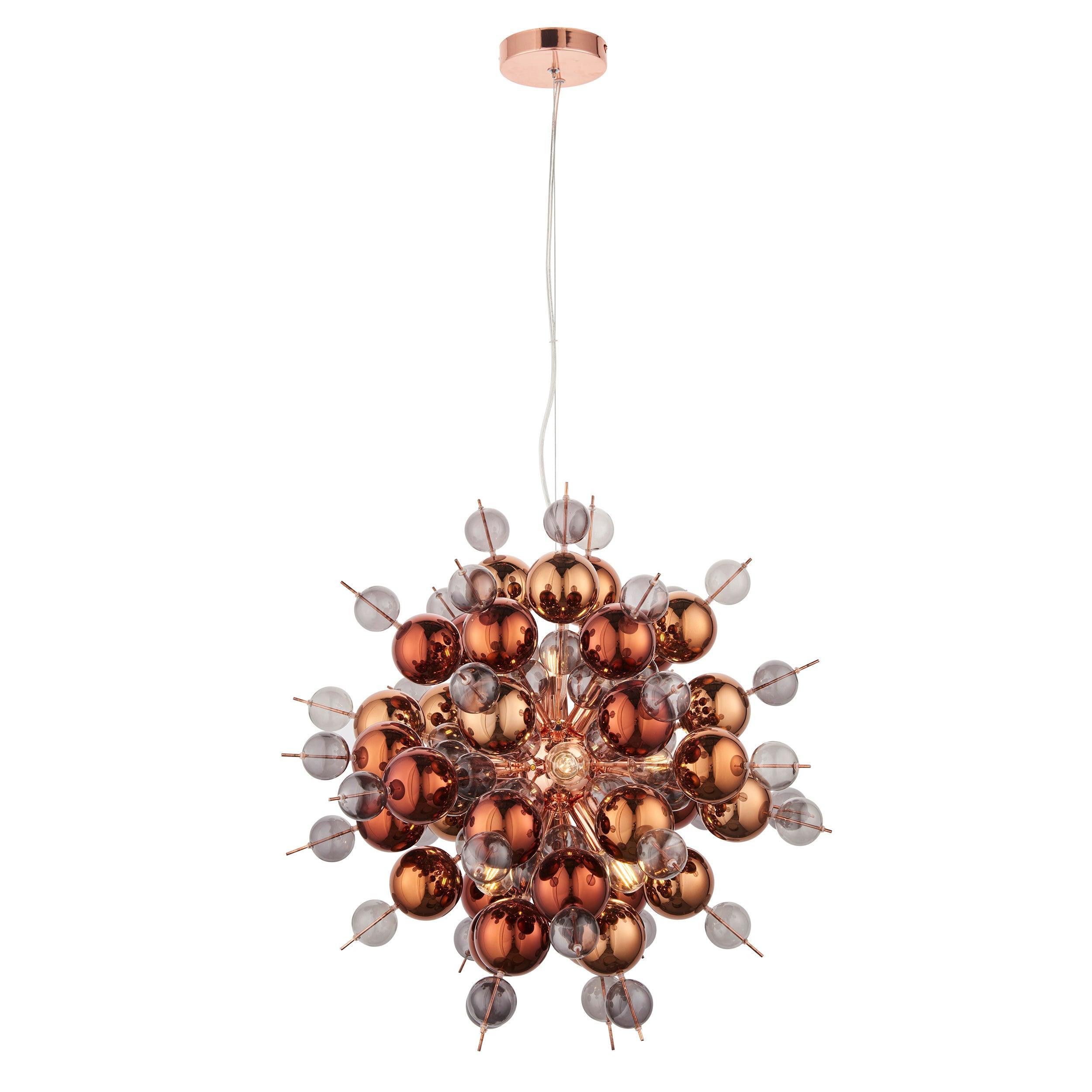Dreamscape 9 Light Copper Pendant With Tinted Glass Spheres-Ceiling Pendant Lights-Living Lights-8-Tiffany Lighting Direct
