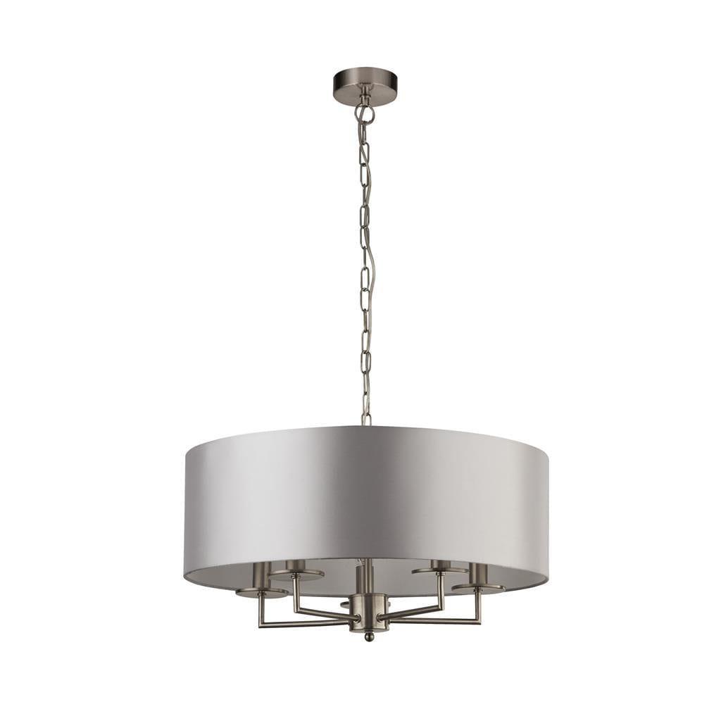 Knightsbridge 3 Light Satin Silver Pendant - Faux Silk Shade-Ceiling Pendant Lights-1-Tiffany Lighting Direct