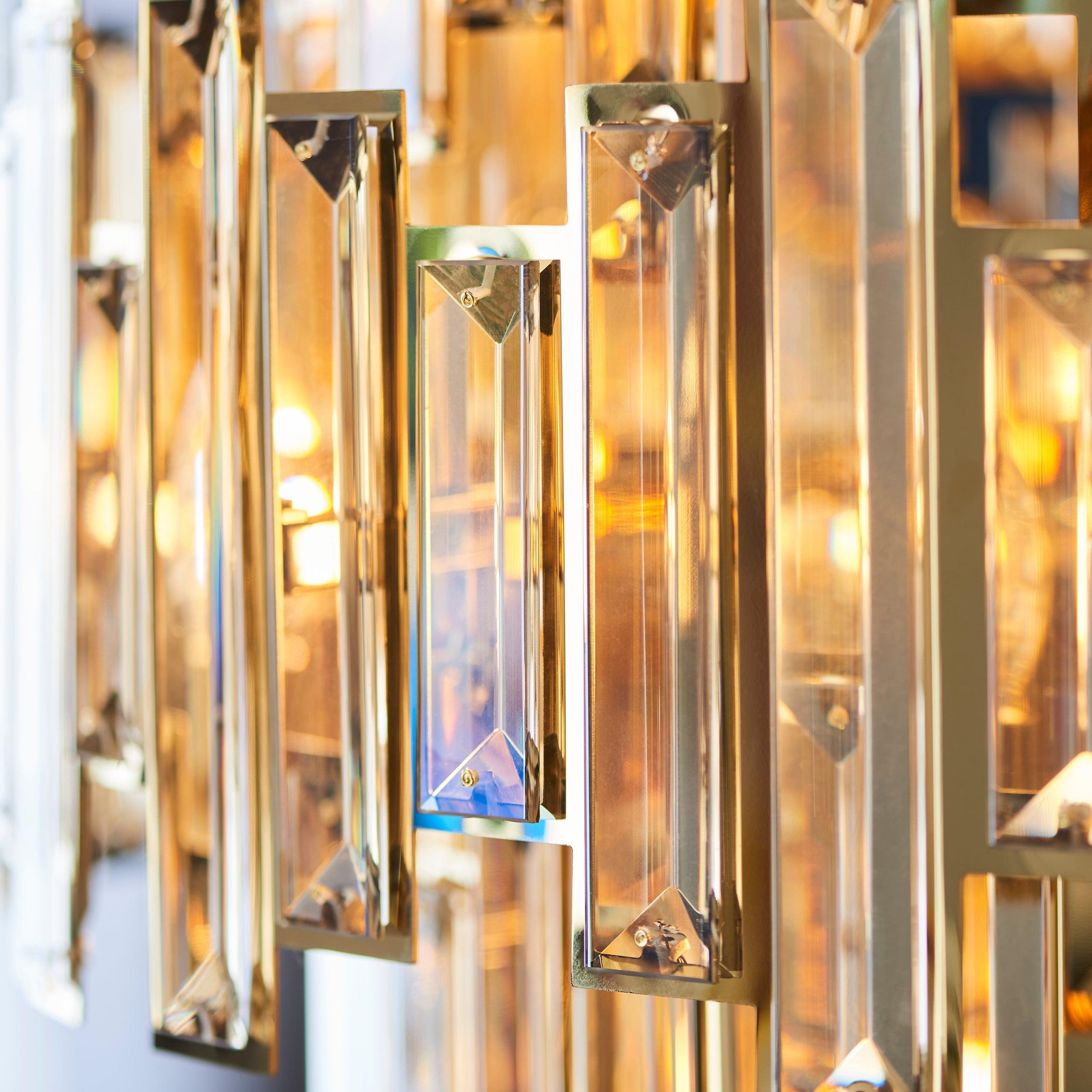 Aura 15 Light Adjustable Gold & Champagne Crystal Pendant-Ceiling Pendant Lights-Living Lights living room close. up unlit Tiffany Lighting Direct