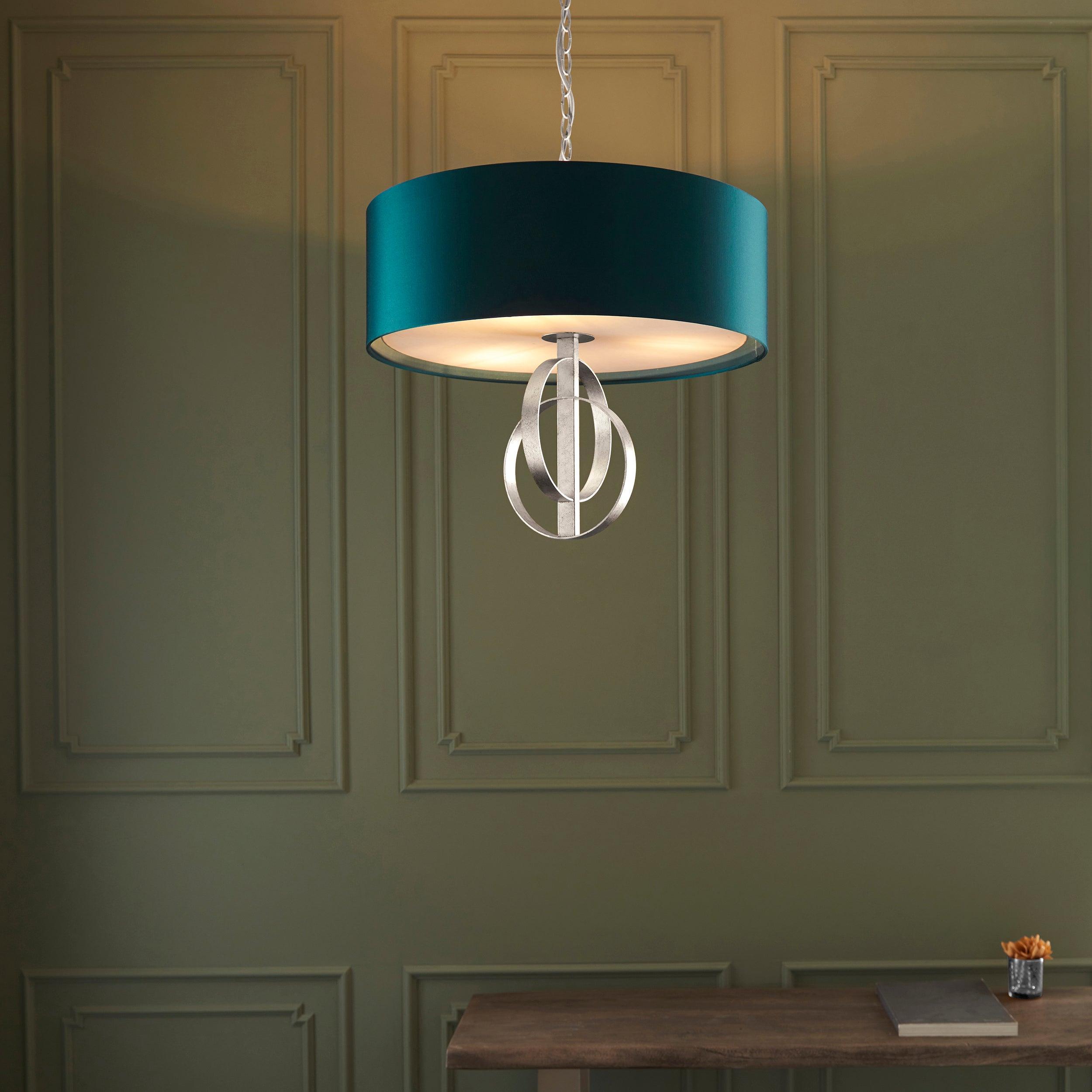 Norfolk 3 Light Silver Leaf Pendant With Large Teal Shade-Ceiling Pendant Lights-Living Lights-3-Tiffany Lighting Direct