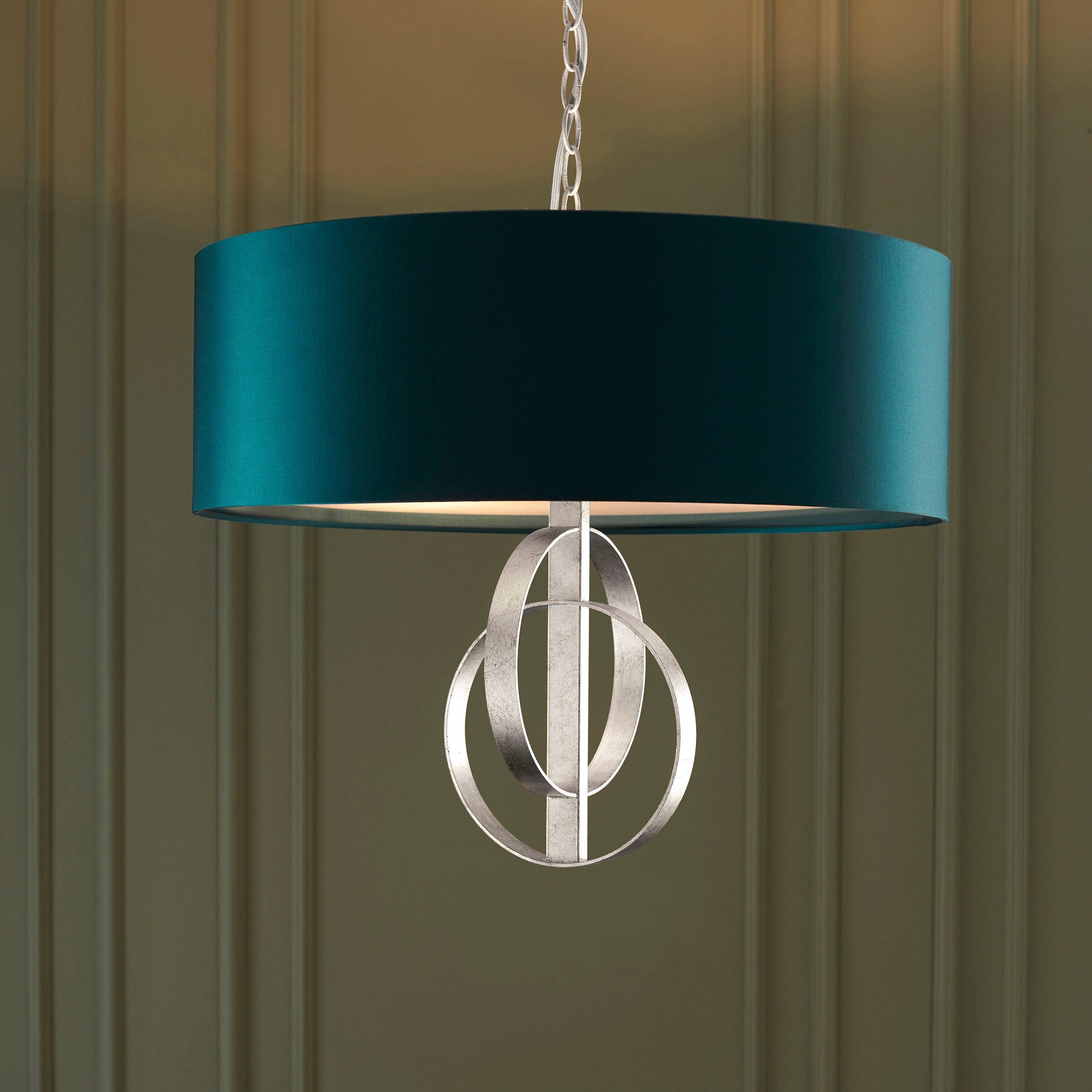 Norfolk 3 Light Silver Leaf Pendant With Large Teal Shade-Ceiling Pendant Lights-Living Lights-5-Tiffany Lighting Direct