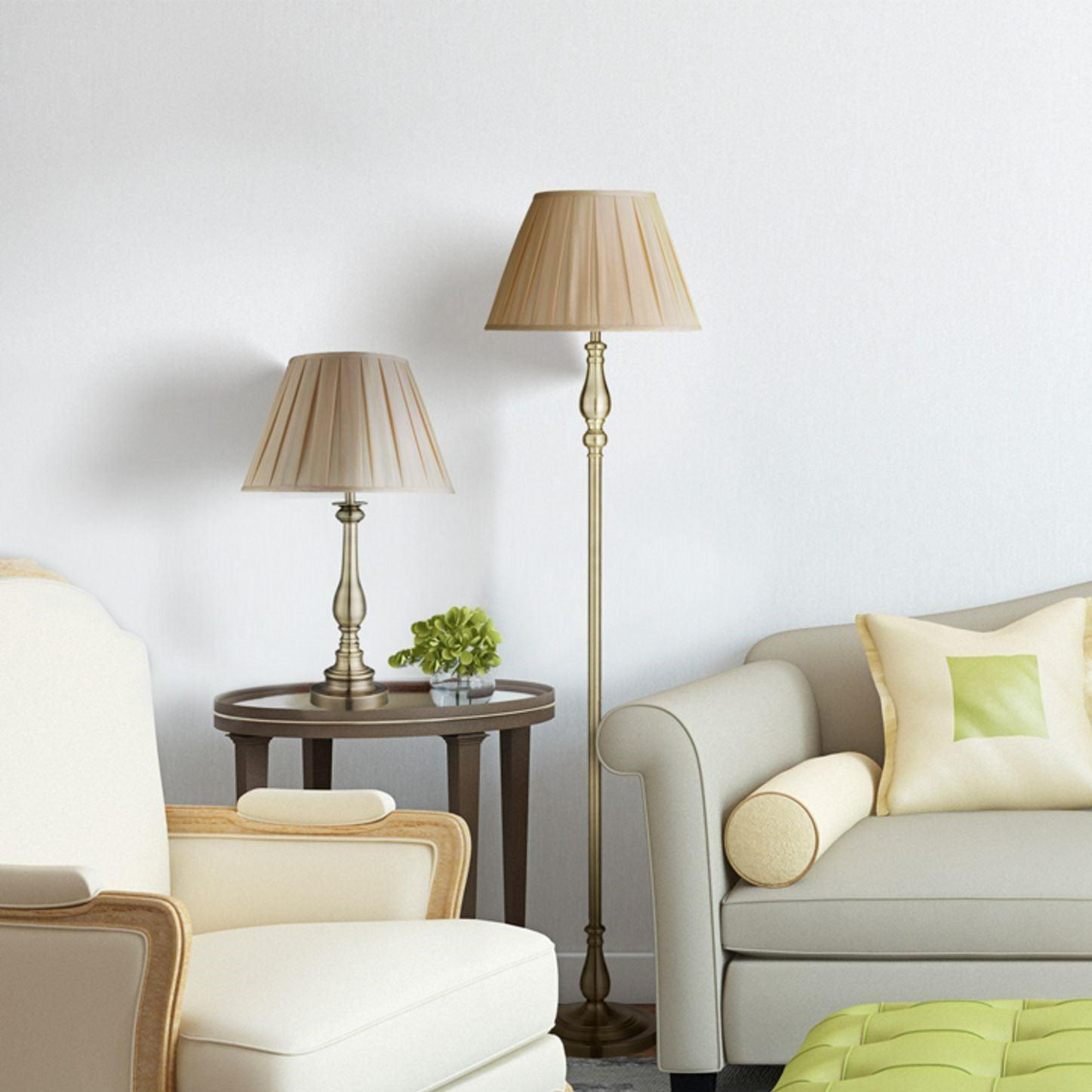 flemish brass floor lamp mink pleated shade by searchlighting lighting, living room image