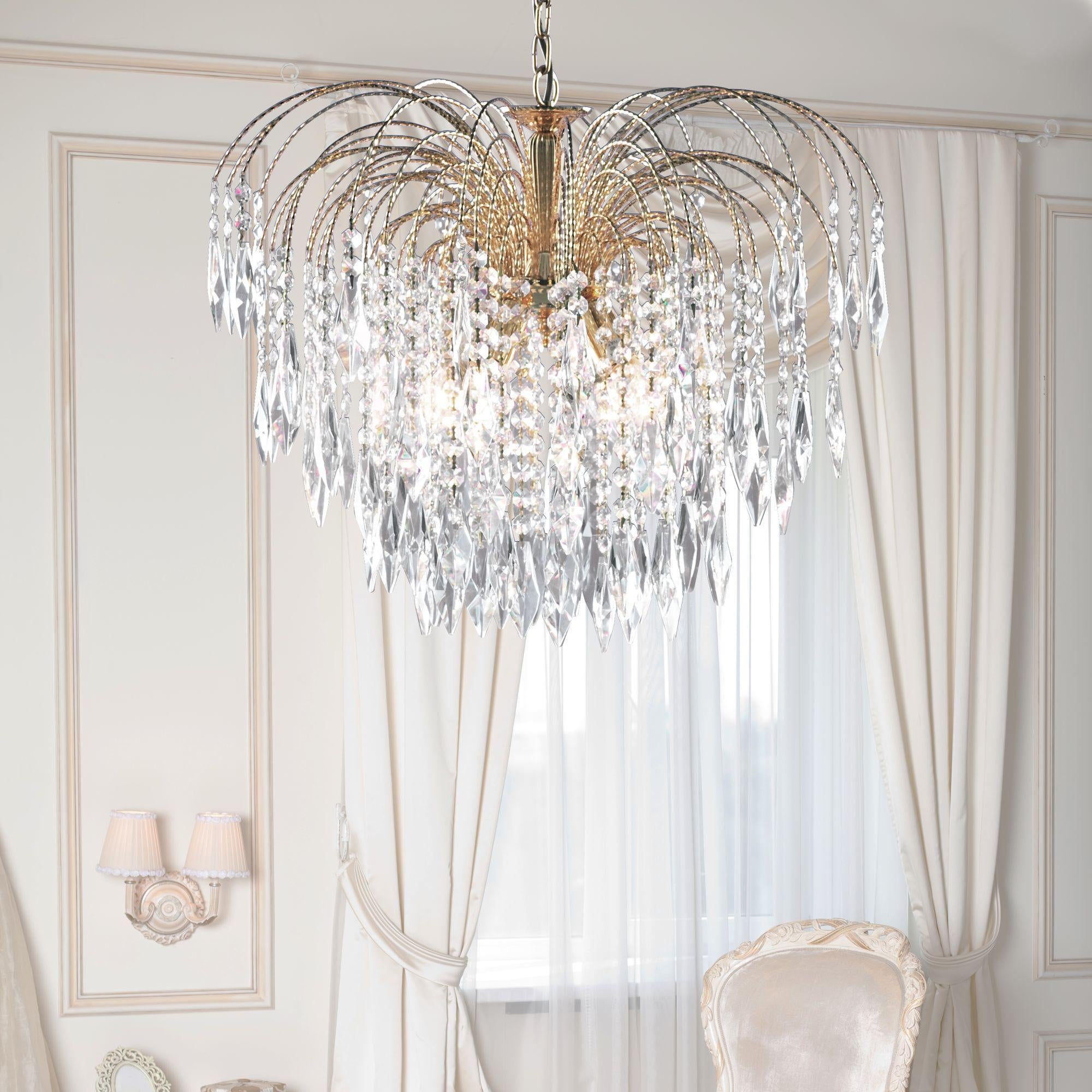 Searchlight Waterfall 5 Light Gold & Crystal Ceiling Pendant-Ceiling Pendant Lights-5-Tiffany Lighting Direct