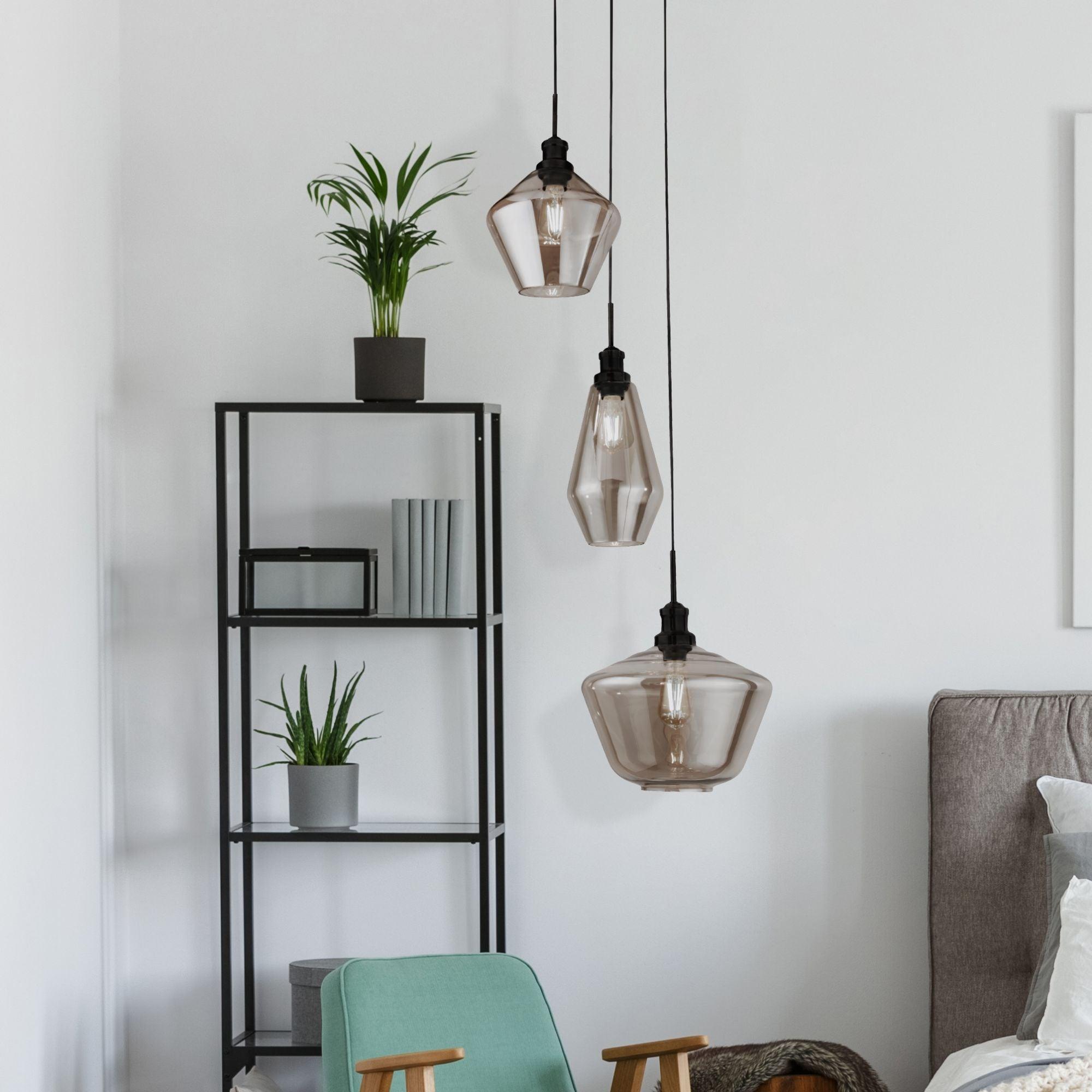 Mia 3 Light Multi-Drop Pendant - Smoked Glass Shades-Ceiling Pendant Lights-Searchlight Lighting-5-Tiffany Lighting Direct