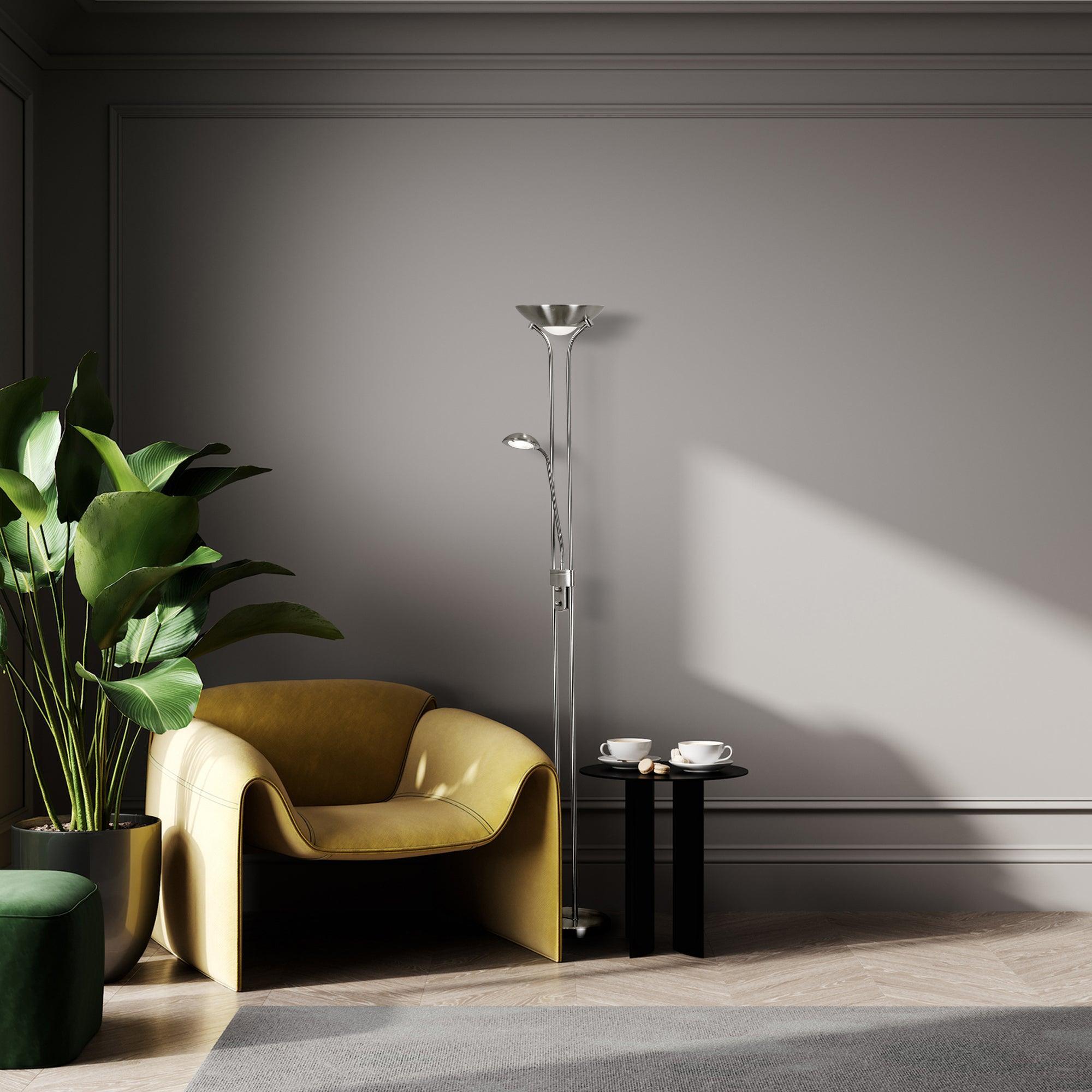 mother child 2 light led satin silver floor lamp by searchlighting lighting, living room image