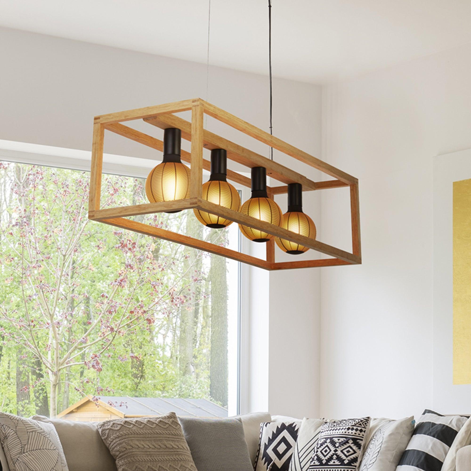 Square Woven Bamboo Wood 4 Light Pendant Searchlight-Ceiling Pendant Lights-2-Tiffany Lighting Direct