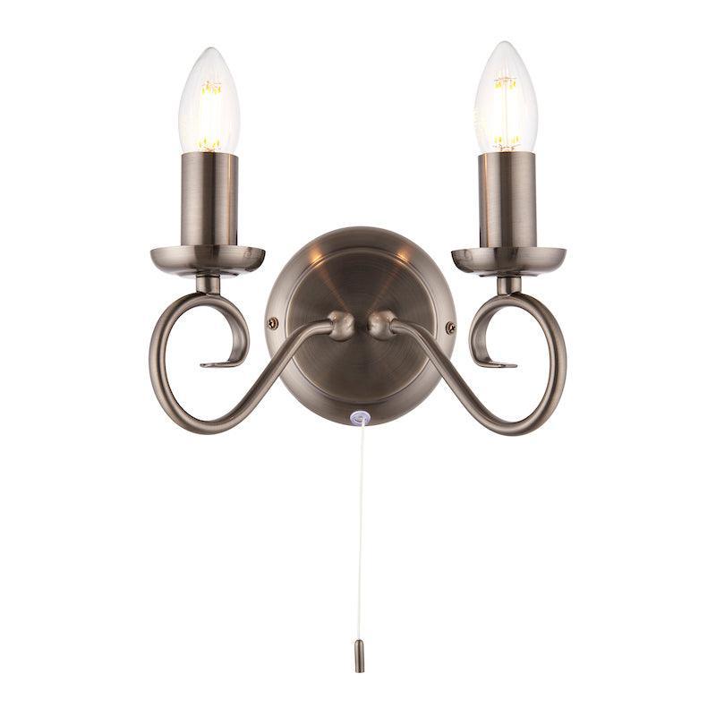 Traditional Wall Lights - Trafford Antique Silver Finish Twin Arm Wall Light 180-5AS turned on